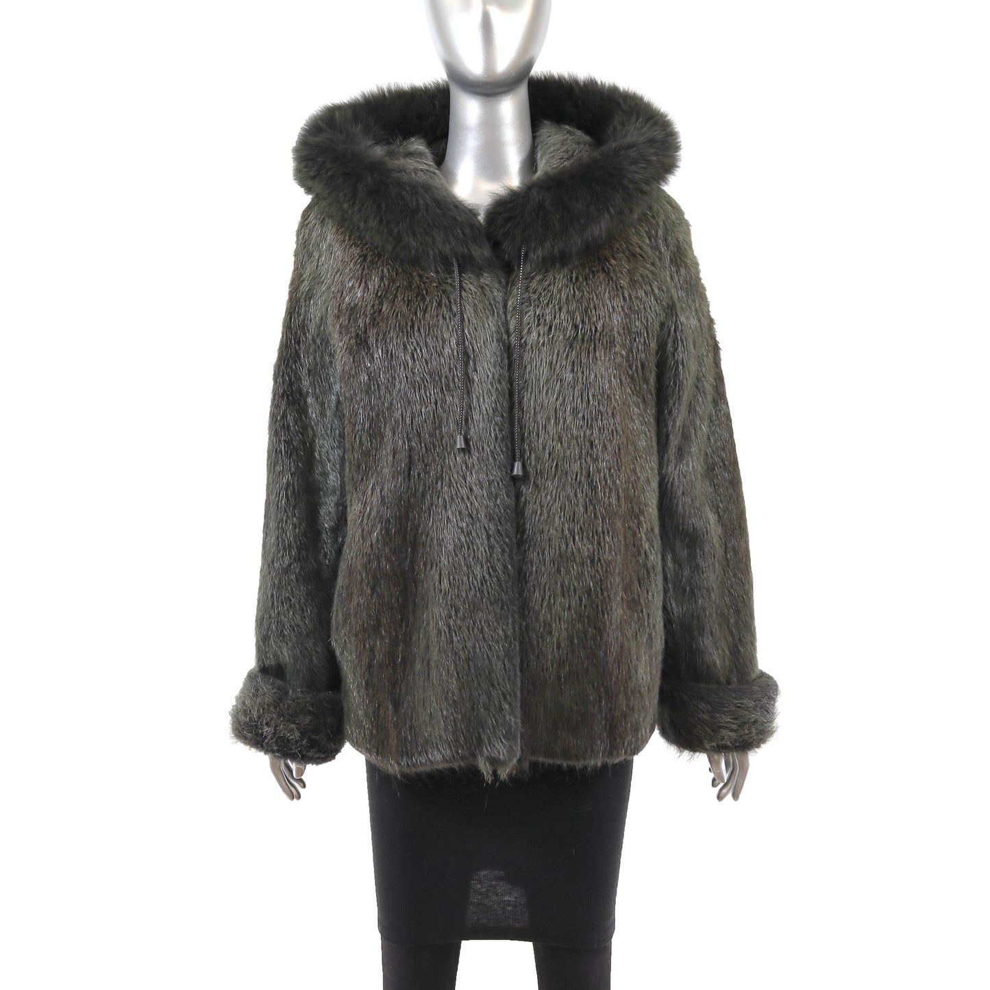 Green Hooded Nutria Jacket with Fox Trim- Size M