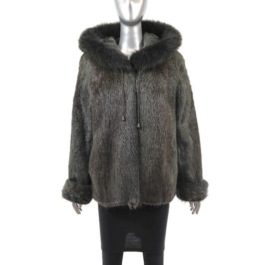 Green Hooded Nutria Jacket with Fox Trim- Size M