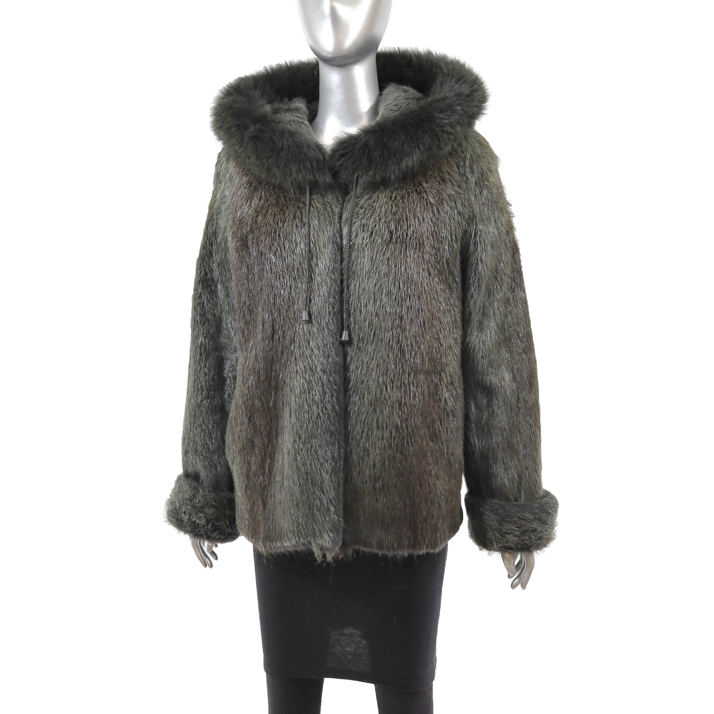Green Hooded Nutria Jacket with Fox Trim- Size M