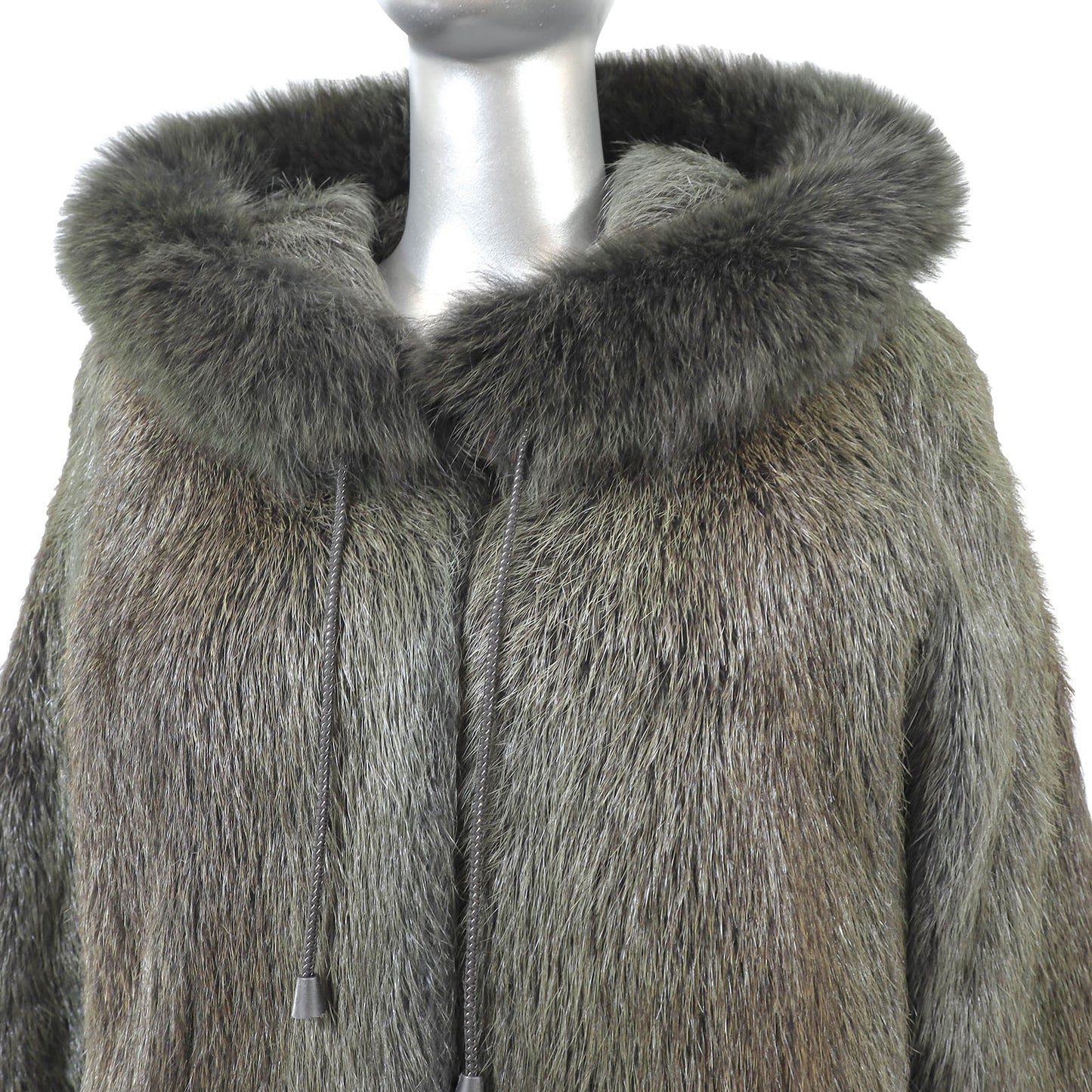 Green Hooded Nutria Jacket with Fox Trim- Size M