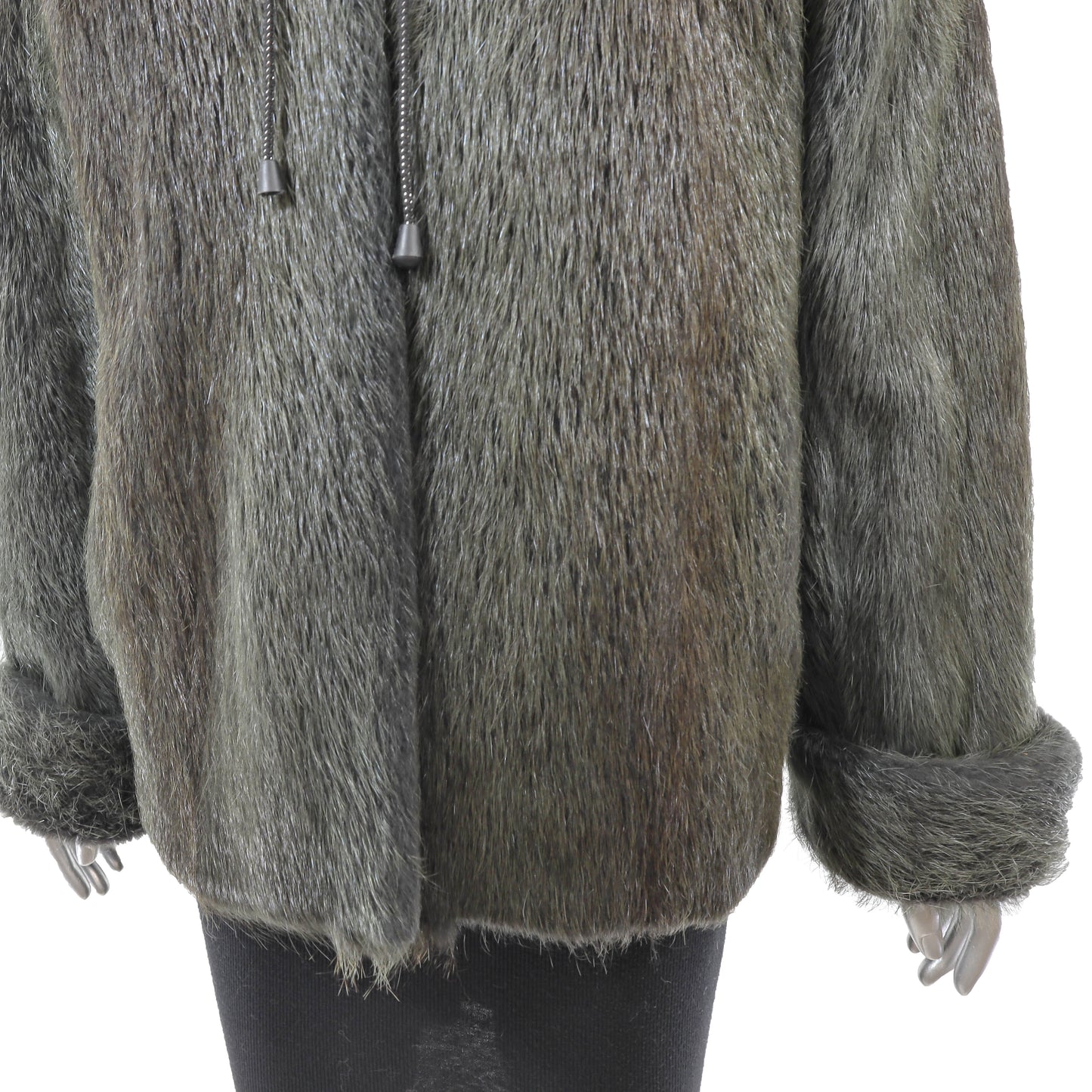 Green Hooded Nutria Jacket with Fox Trim- Size M