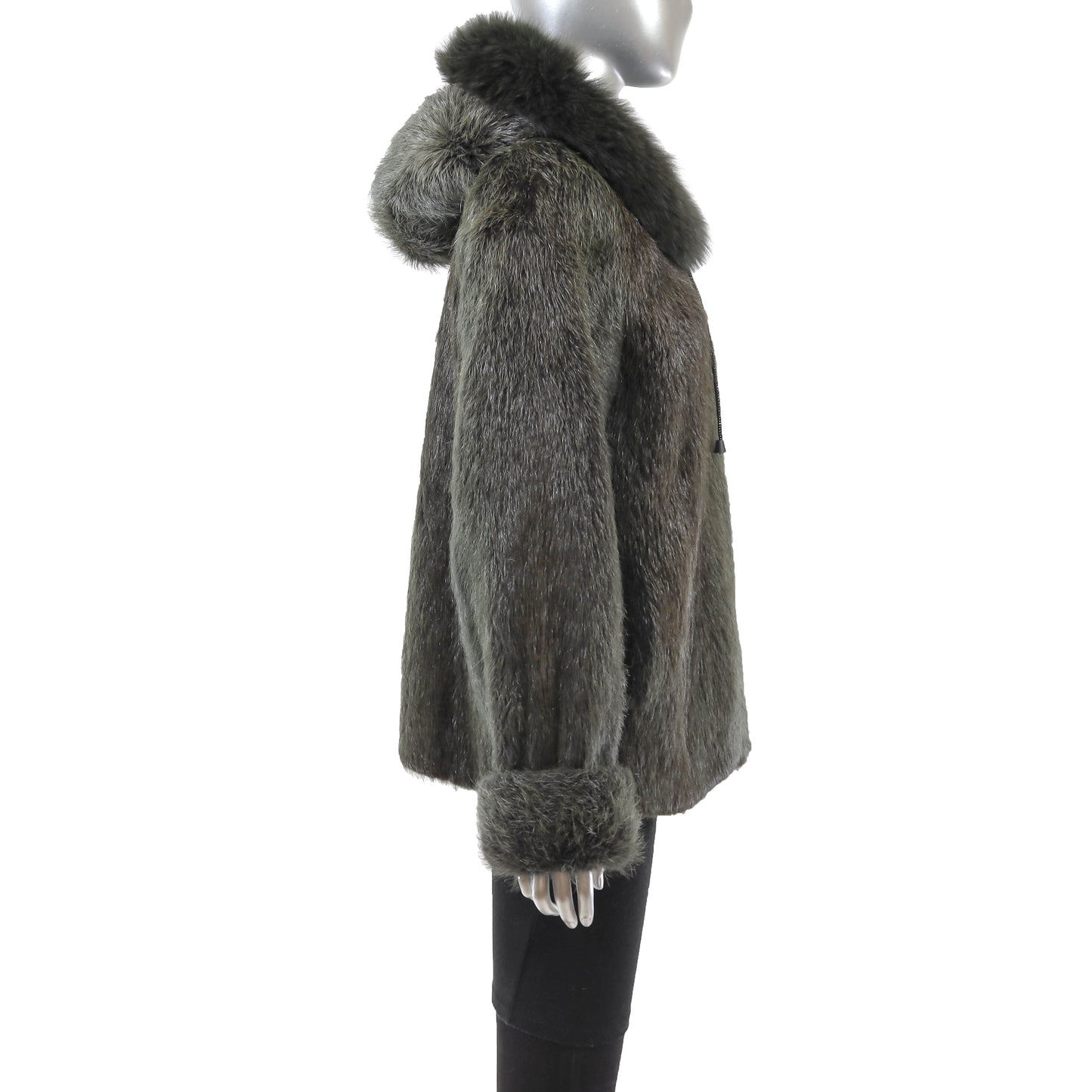 Green Hooded Nutria Jacket with Fox Trim- Size M