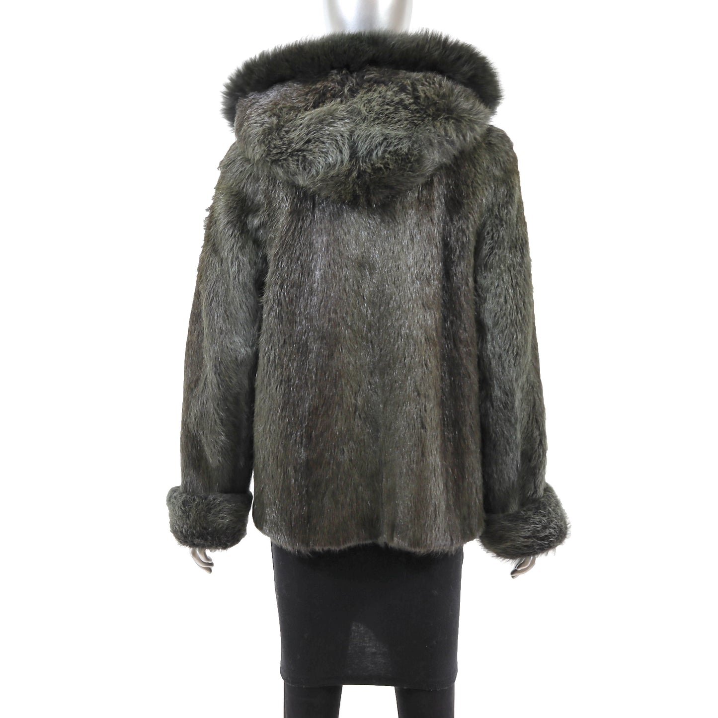 Green Hooded Nutria Jacket with Fox Trim- Size M