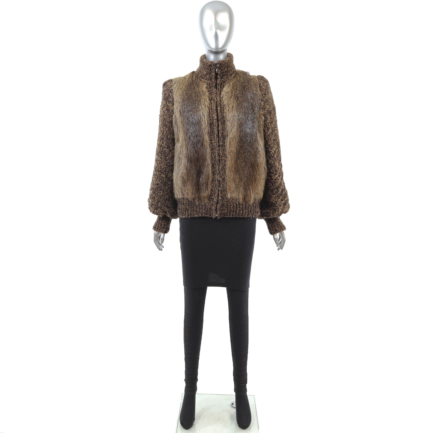 Brown Nutria Jacket with Knitted Sleeves- Size S
