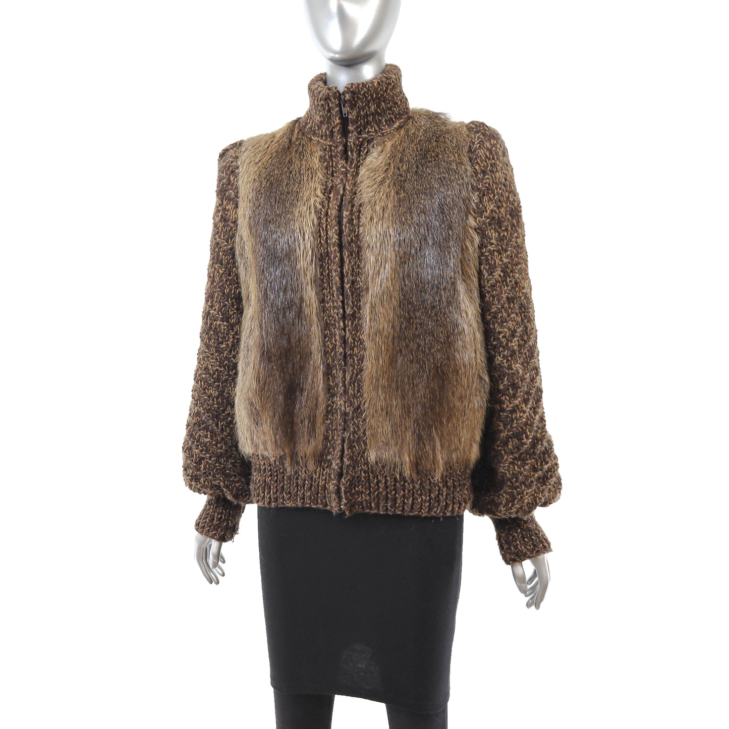 Brown Nutria Jacket with Knitted Sleeves- Size S