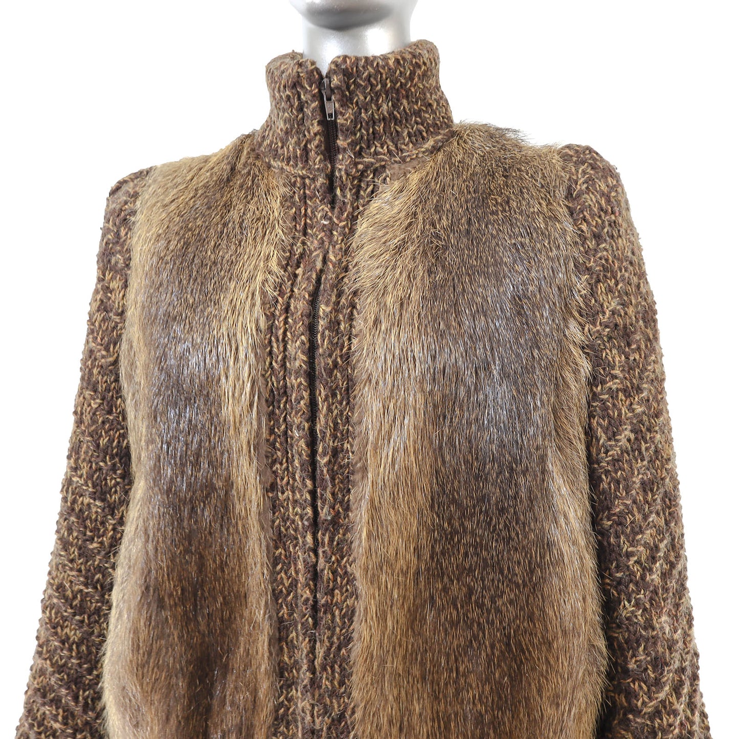 Brown Nutria Jacket with Knitted Sleeves- Size S
