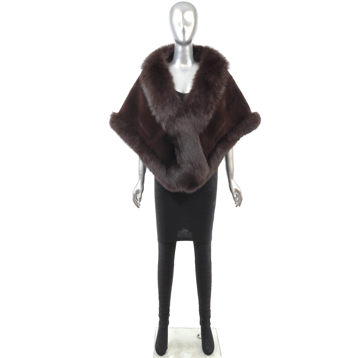 Dark Brown Sheared Rex Rabbit Cape with Fox- Size Free
