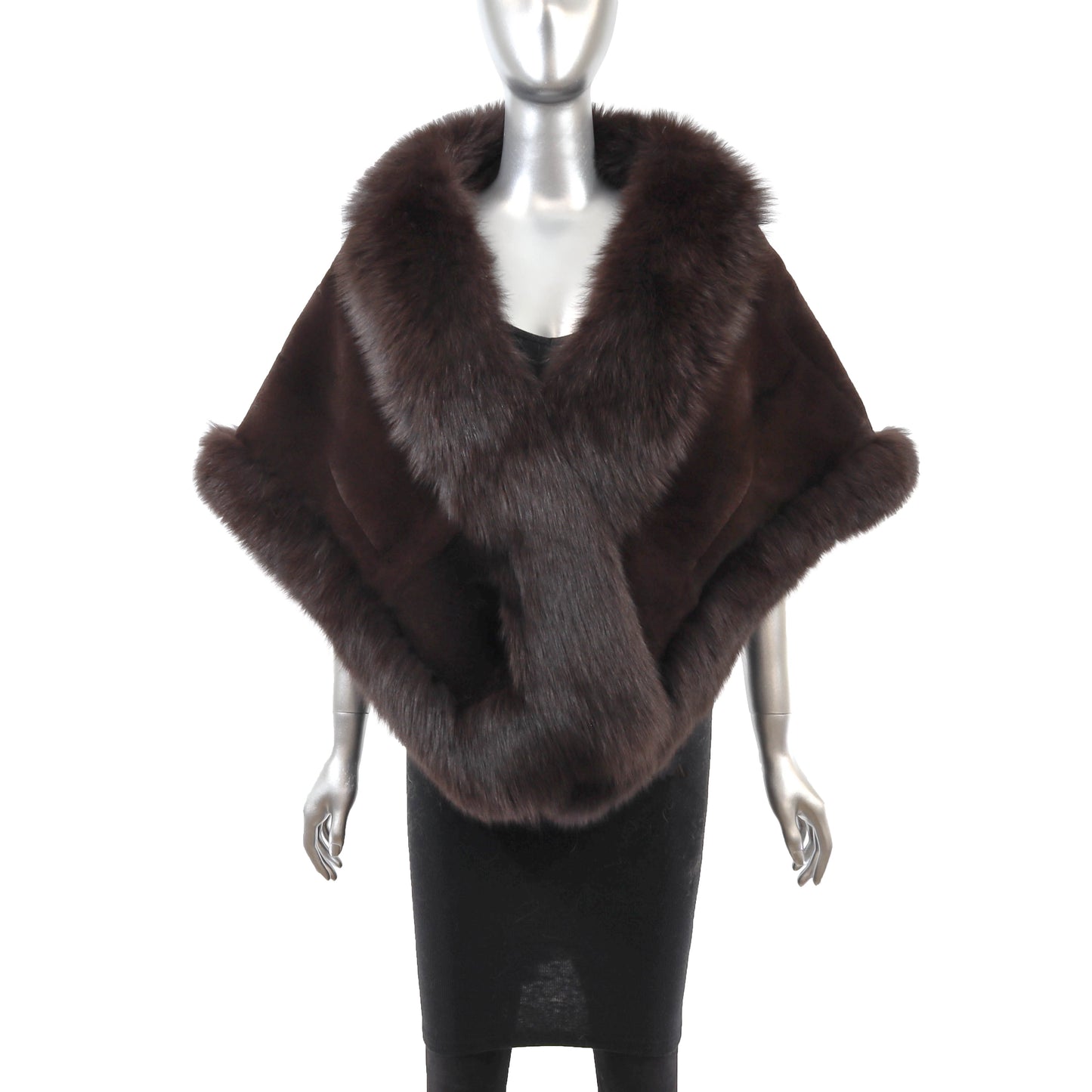 Dark Brown Sheared Rex Rabbit Cape with Fox- Size Free