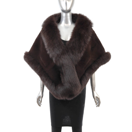 Dark Brown Sheared Rex Rabbit Cape with Fox- Size Free