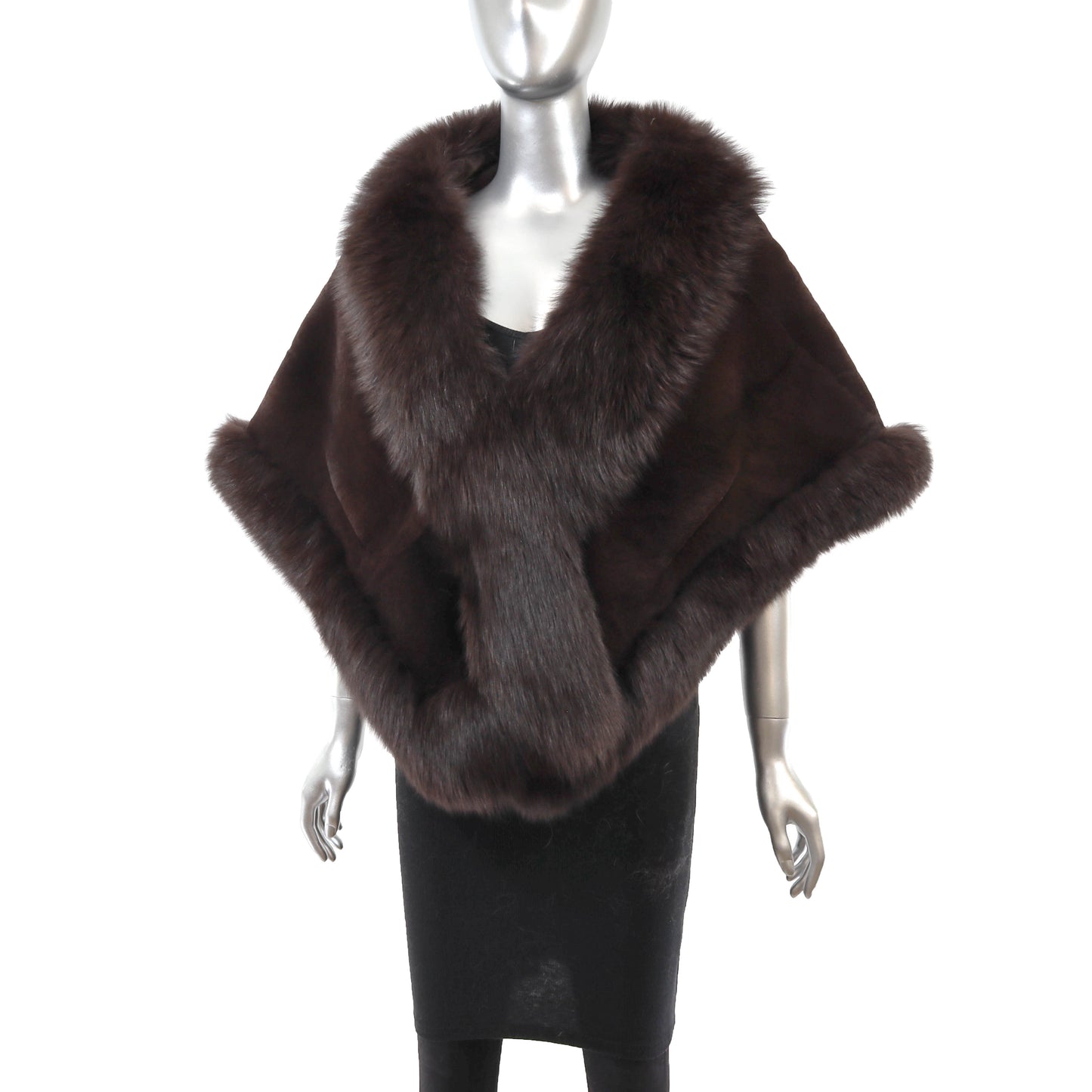Dark Brown Sheared Rex Rabbit Cape with Fox- Size Free