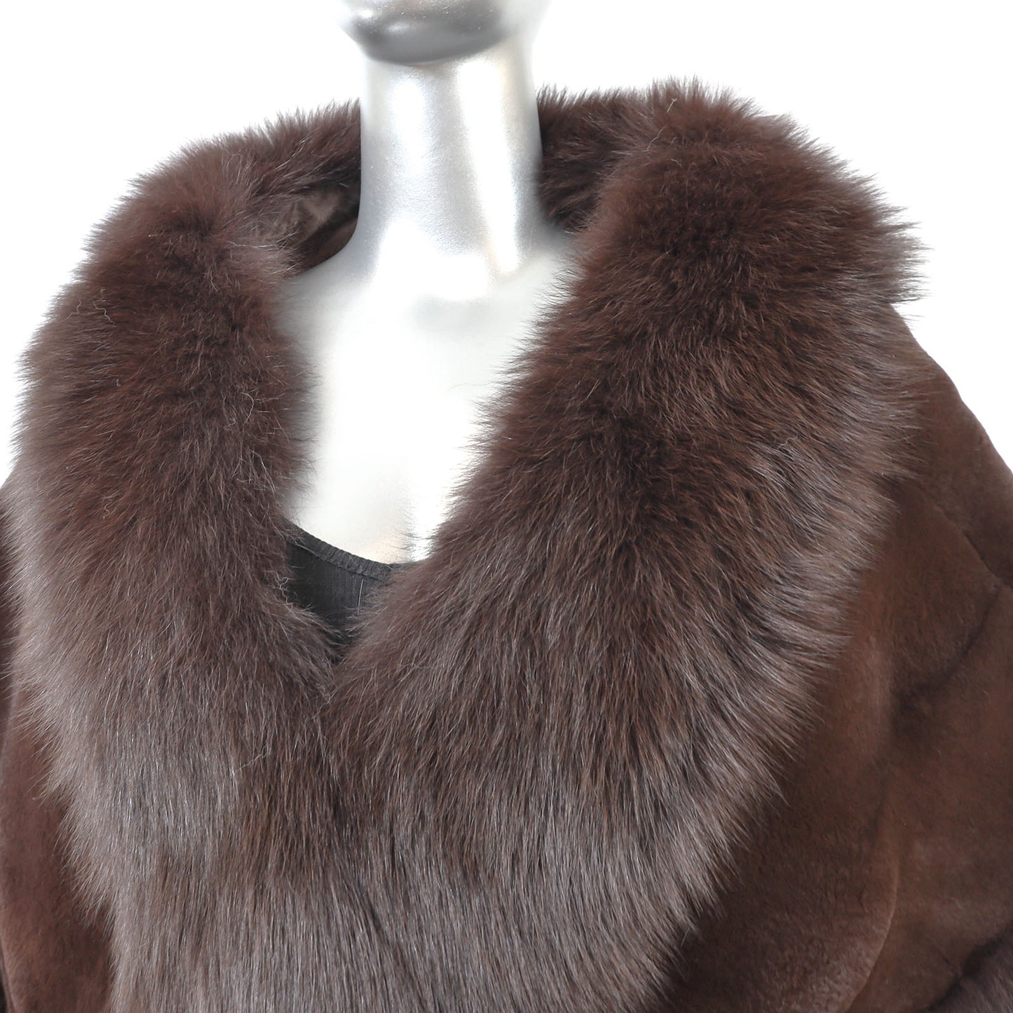Dark Brown Sheared Rex Rabbit Cape with Fox- Size Free