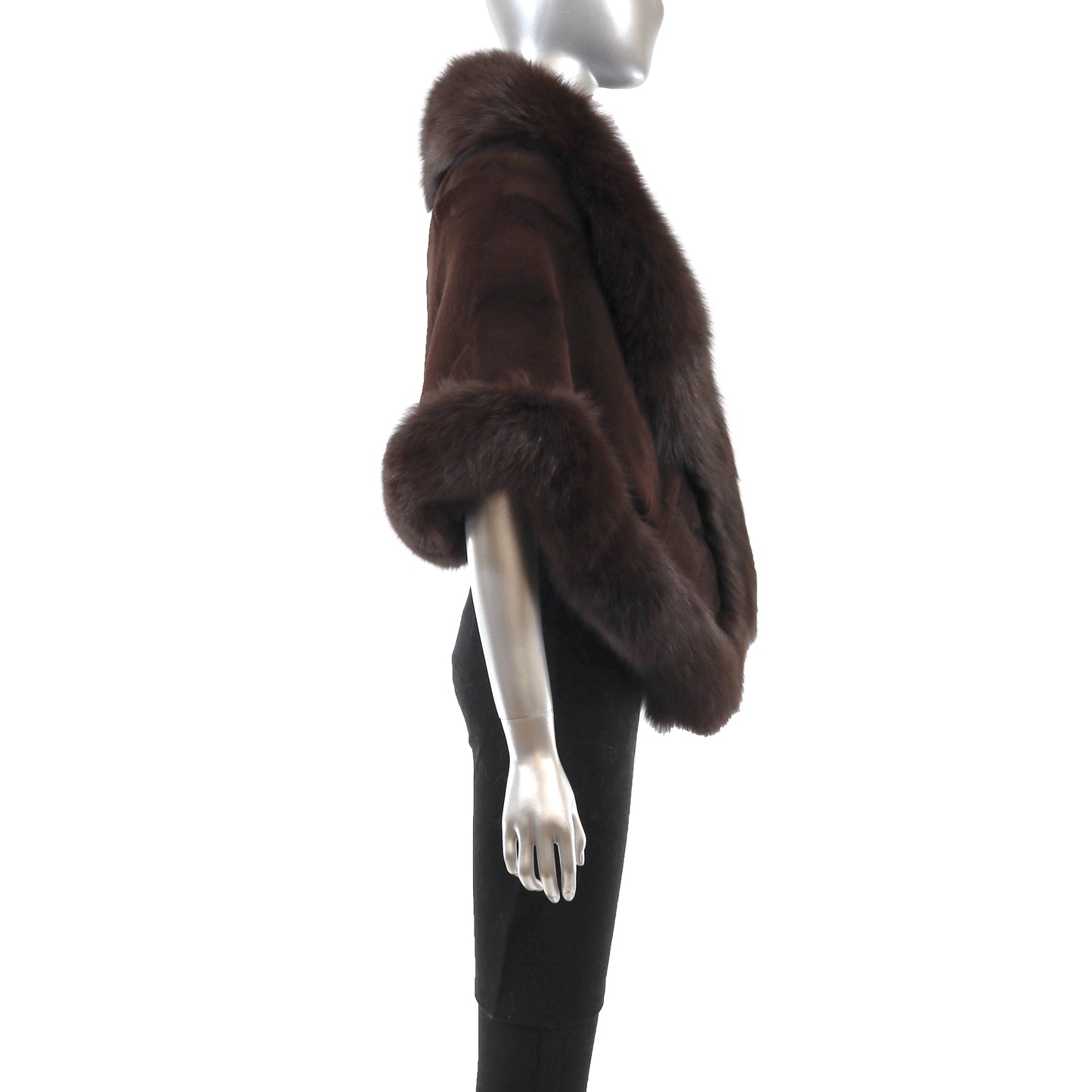 Dark Brown Sheared Rex Rabbit Cape with Fox- Size Free