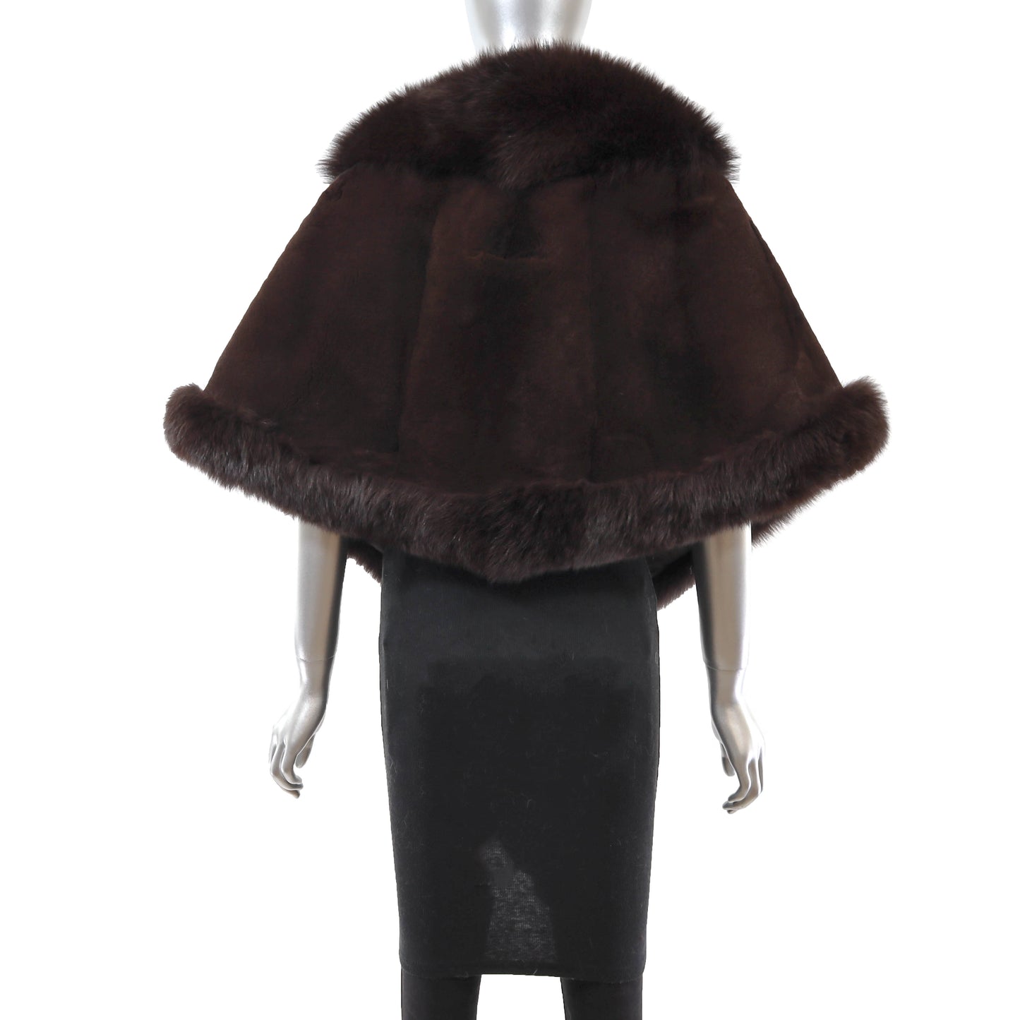 Dark Brown Sheared Rex Rabbit Cape with Fox- Size Free