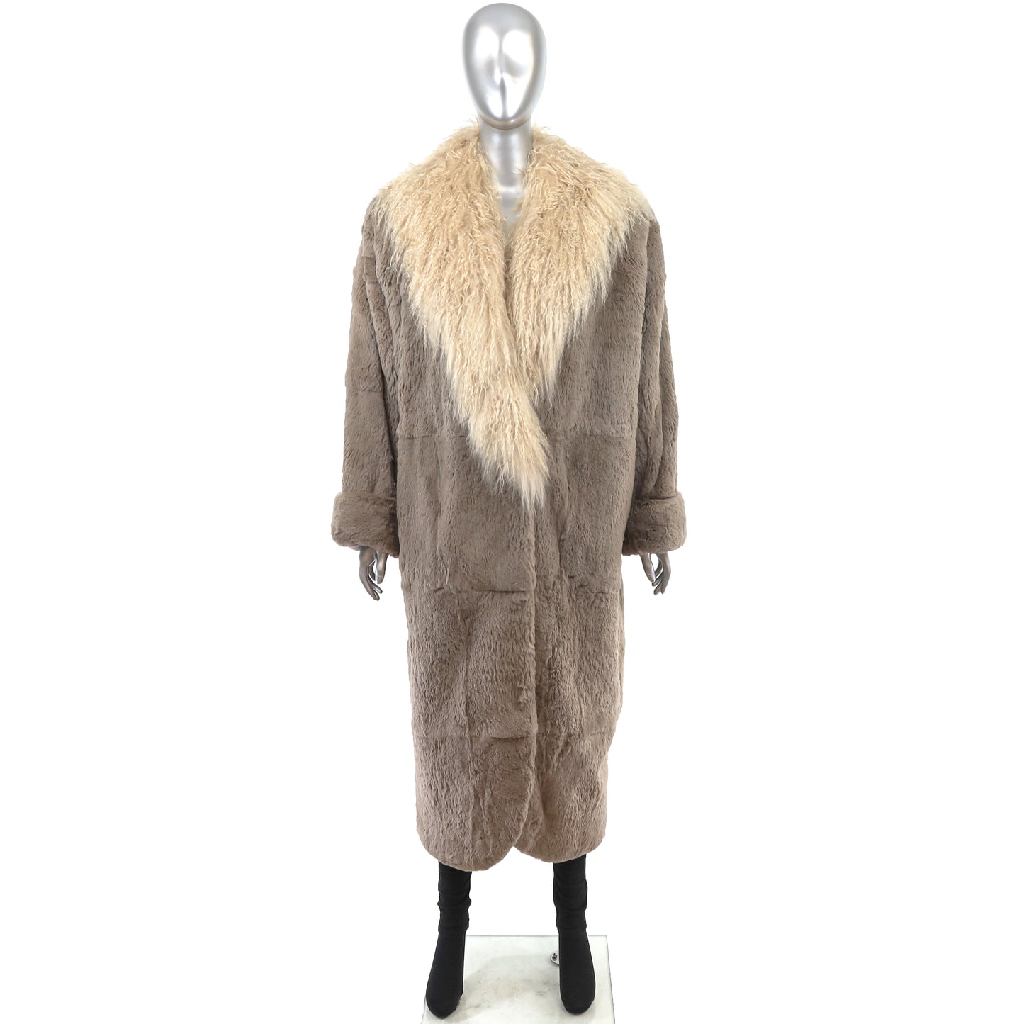 Light Brown Rabbit Coat with Tibetan Lamb Collar- Size M