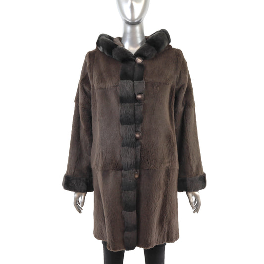 Brown Hooded Sheared Rabbit Coat Reversible to Taffeta- Size M