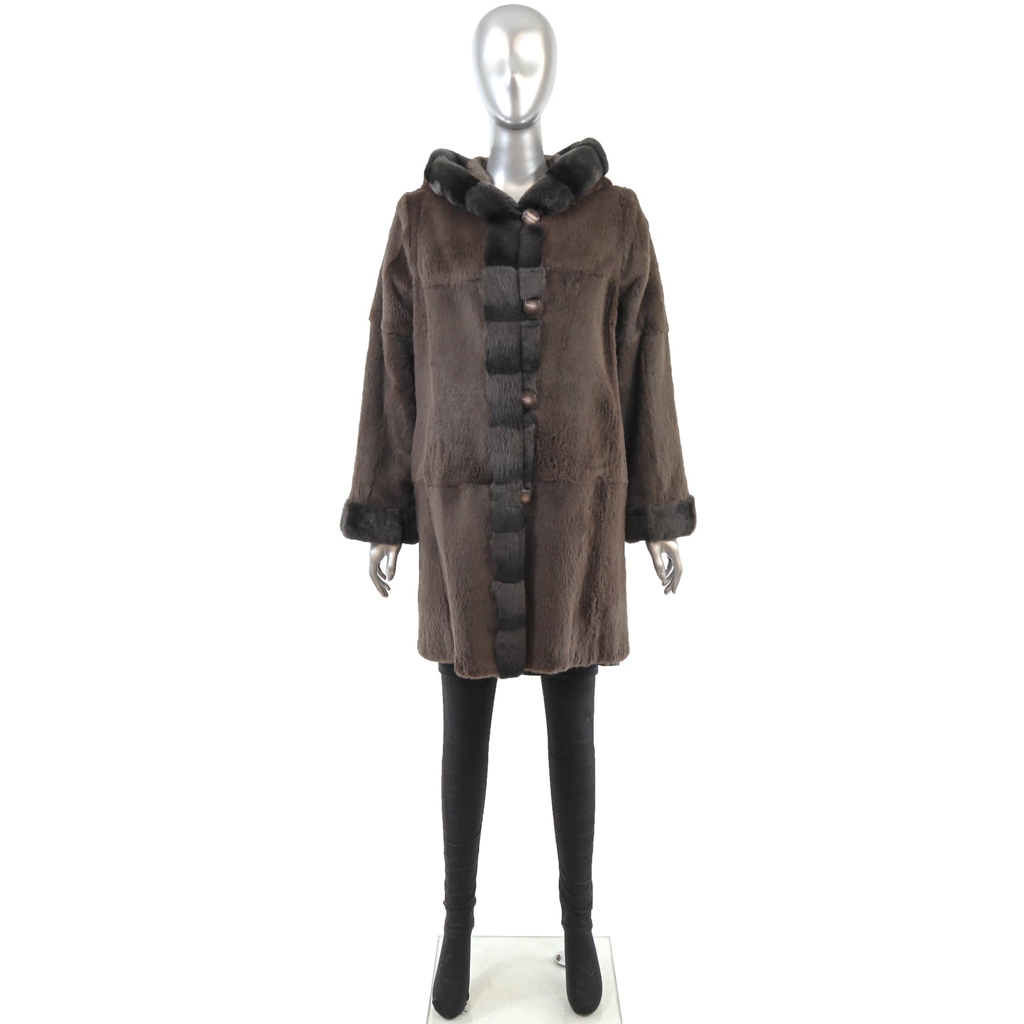 Brown Hooded Sheared Rabbit Coat Reversible to Taffeta- Size M