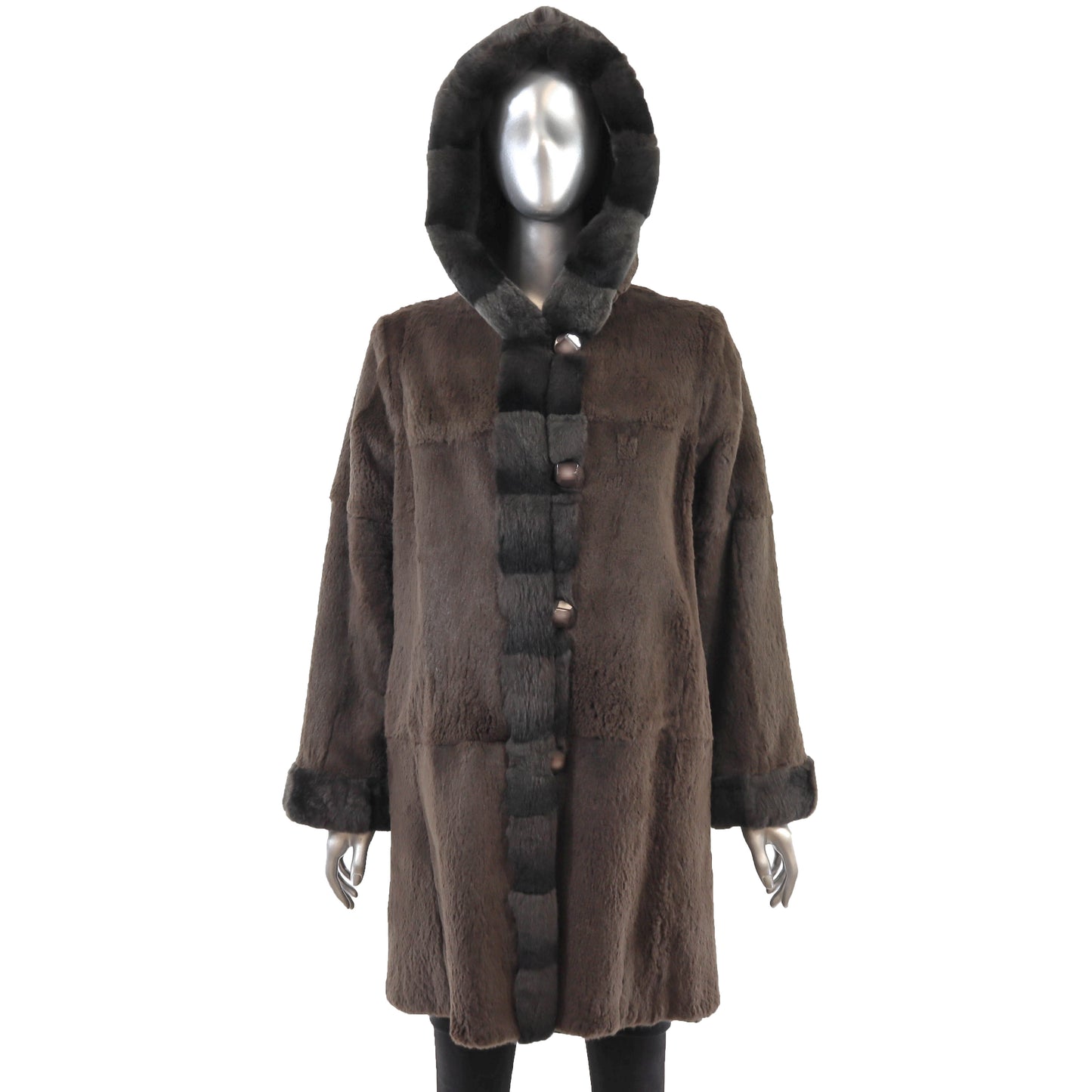 Brown Hooded Sheared Rabbit Coat Reversible to Taffeta- Size M