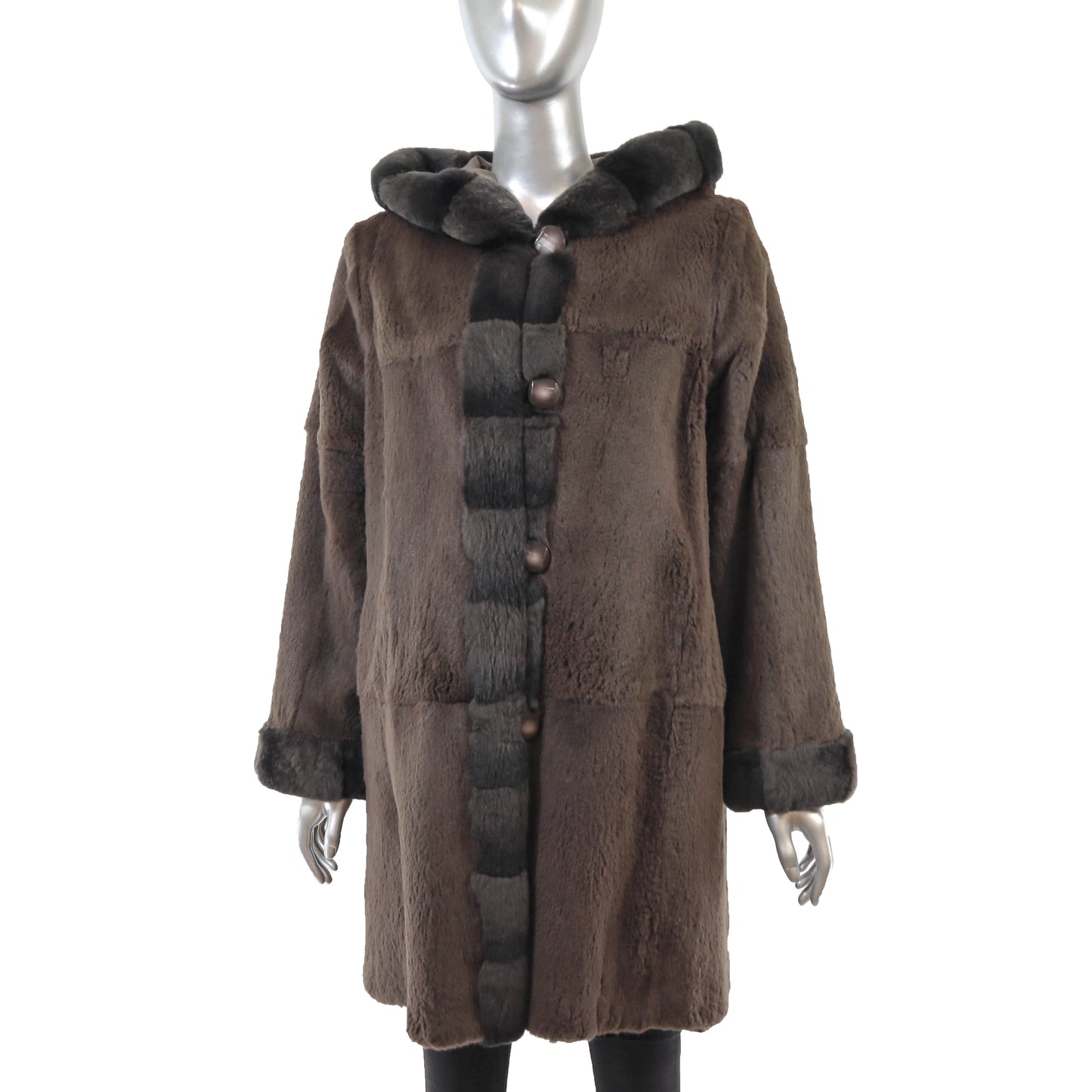 Brown Hooded Sheared Rabbit Coat Reversible to Taffeta- Size M
