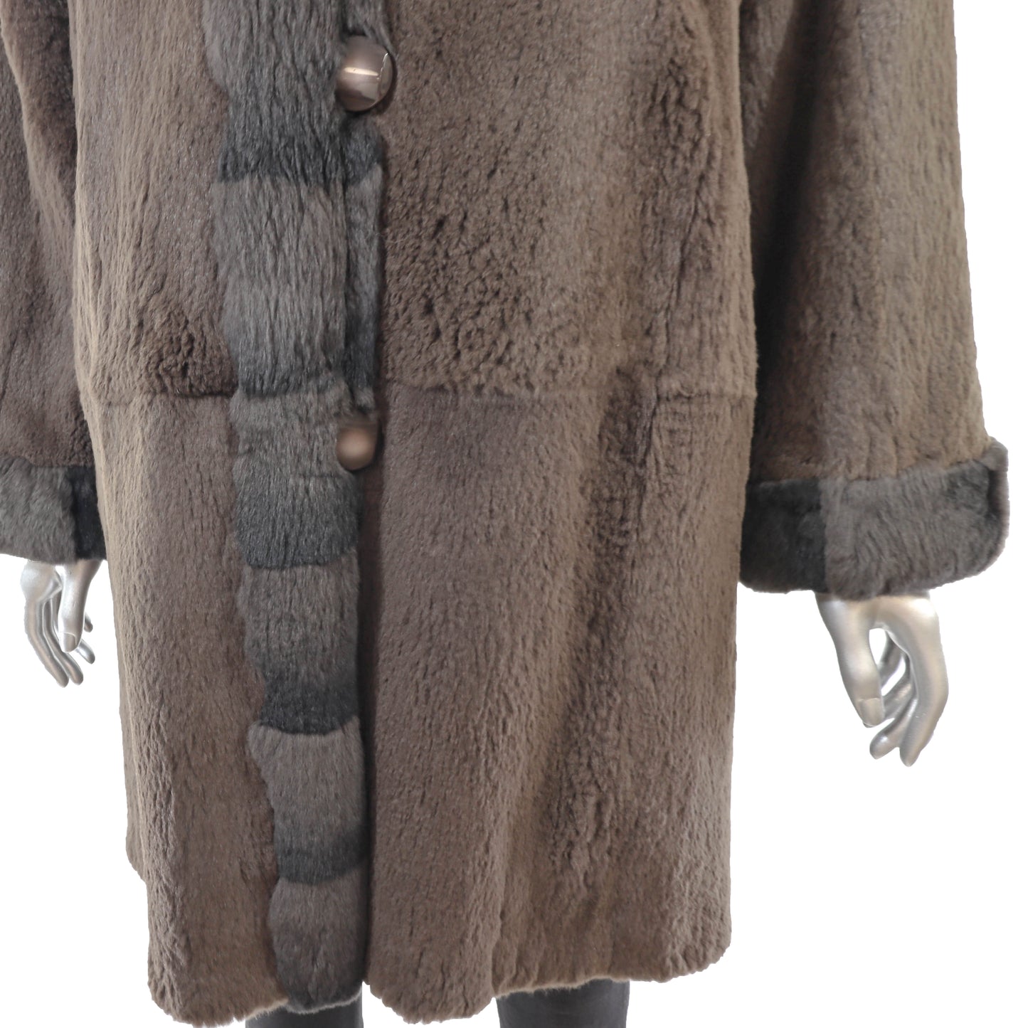 Brown Hooded Sheared Rabbit Coat Reversible to Taffeta- Size M