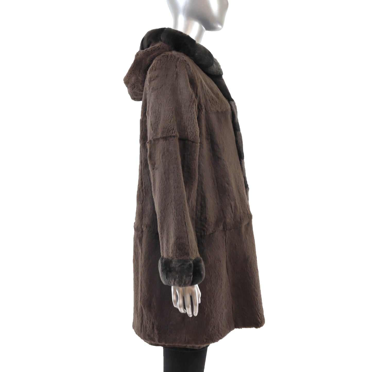Brown Hooded Sheared Rabbit Coat Reversible to Taffeta- Size M