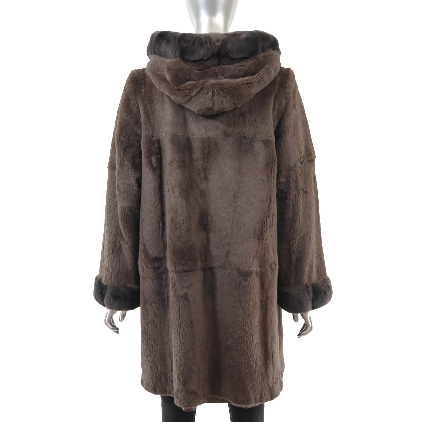 Brown Hooded Sheared Rabbit Coat Reversible to Taffeta- Size M