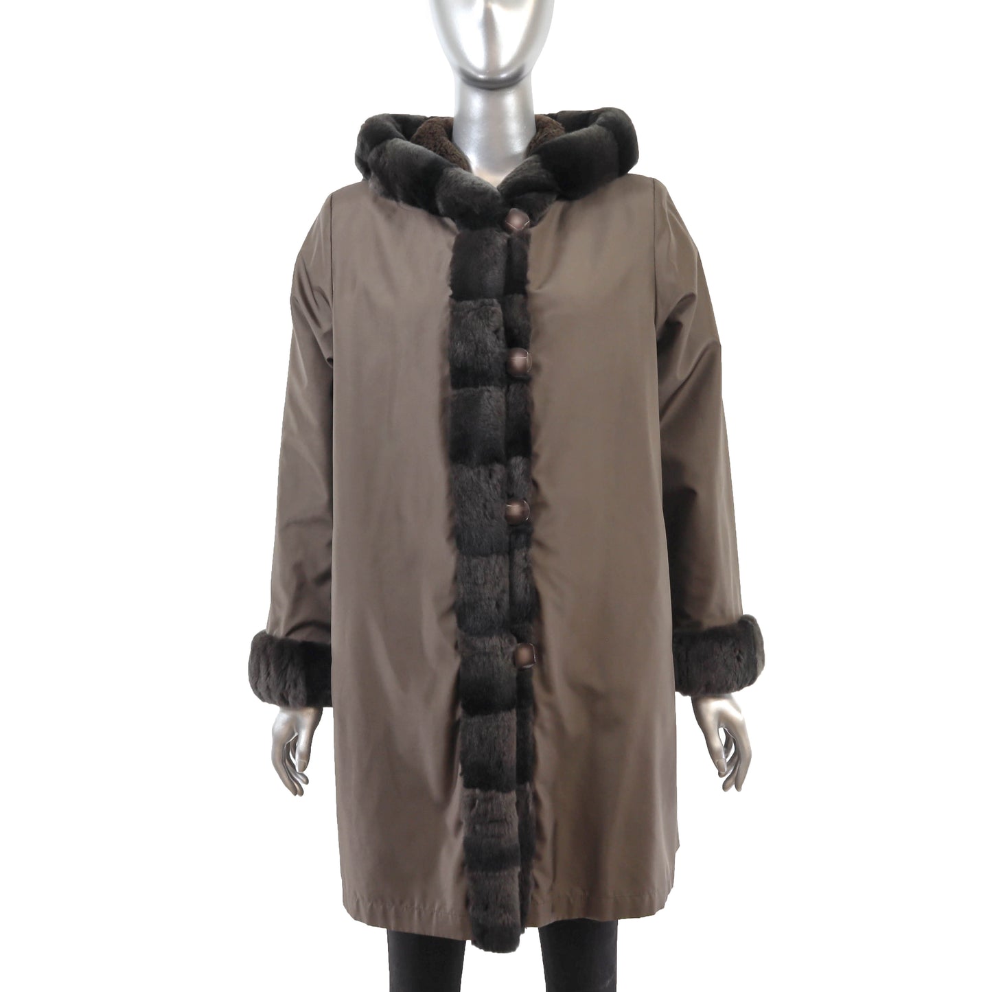 Brown Hooded Sheared Rabbit Coat Reversible to Taffeta- Size M