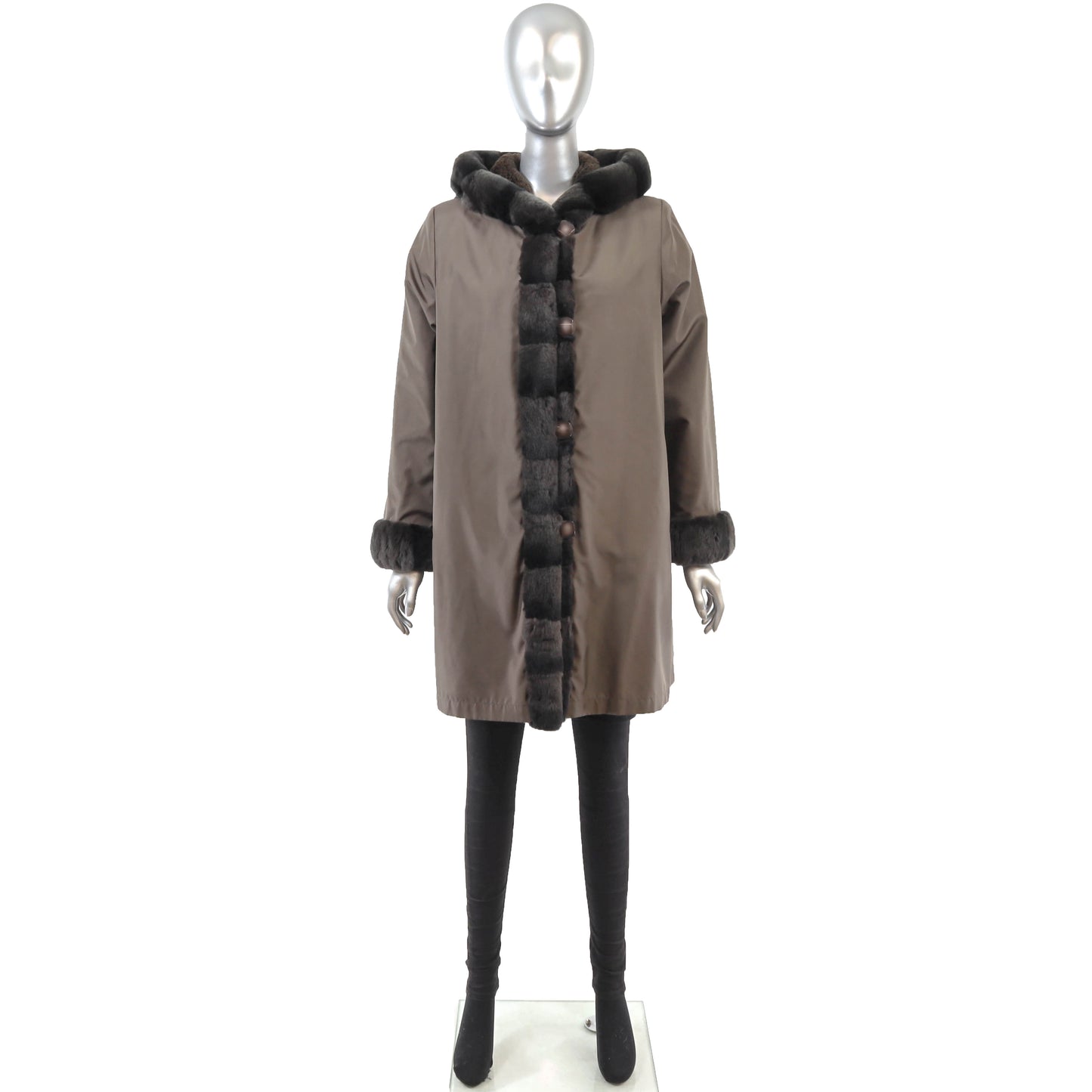 Brown Hooded Sheared Rabbit Coat Reversible to Taffeta- Size M
