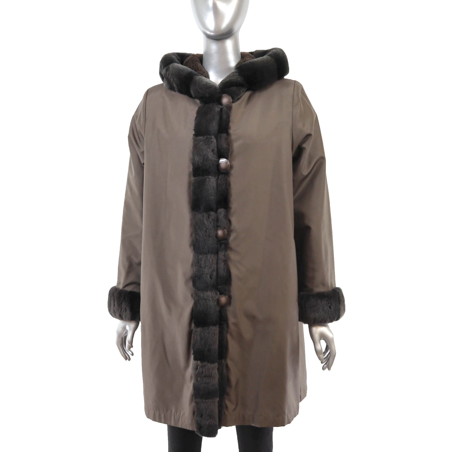 Brown Hooded Sheared Rabbit Coat Reversible to Taffeta- Size M