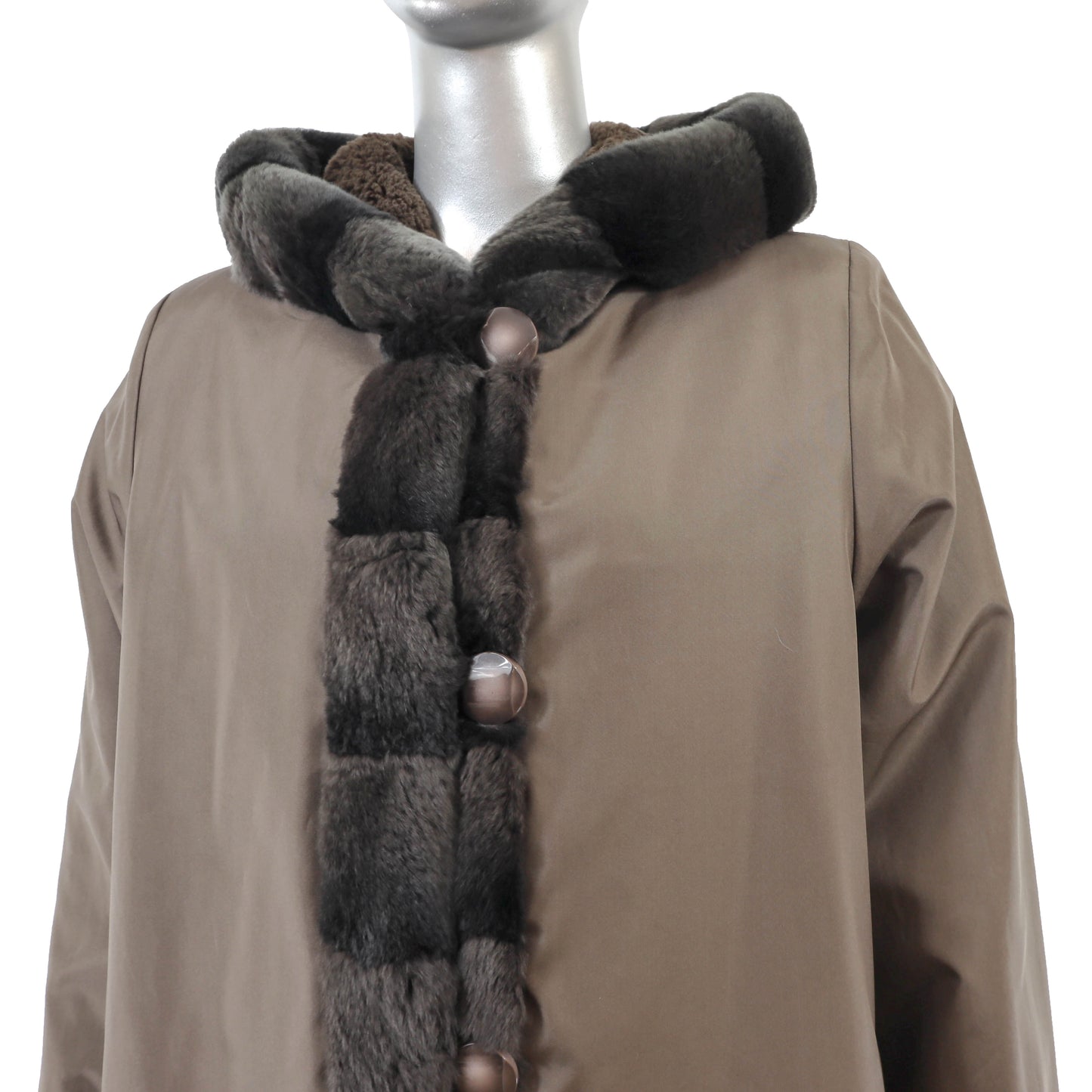 Brown Hooded Sheared Rabbit Coat Reversible to Taffeta- Size M