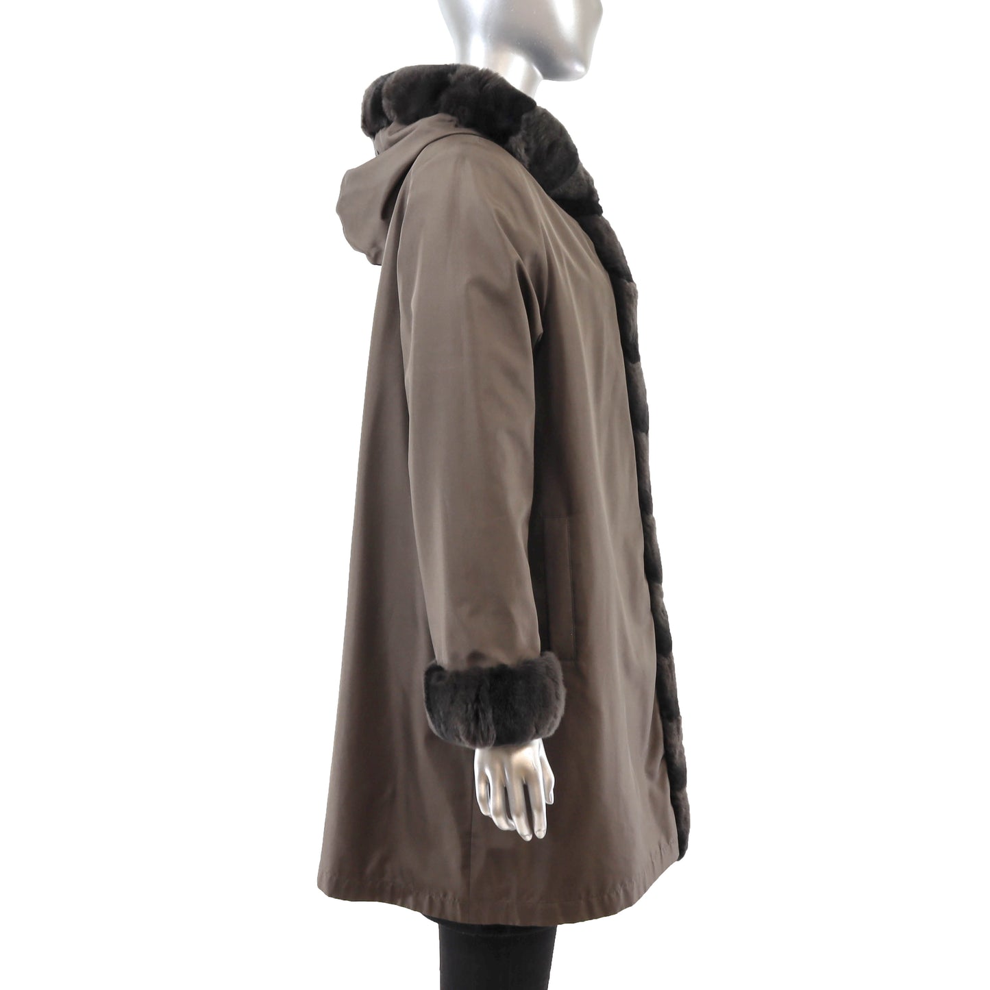 Brown Hooded Sheared Rabbit Coat Reversible to Taffeta- Size M