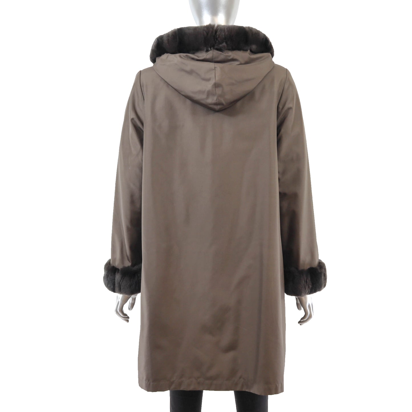 Brown Hooded Sheared Rabbit Coat Reversible to Taffeta- Size M