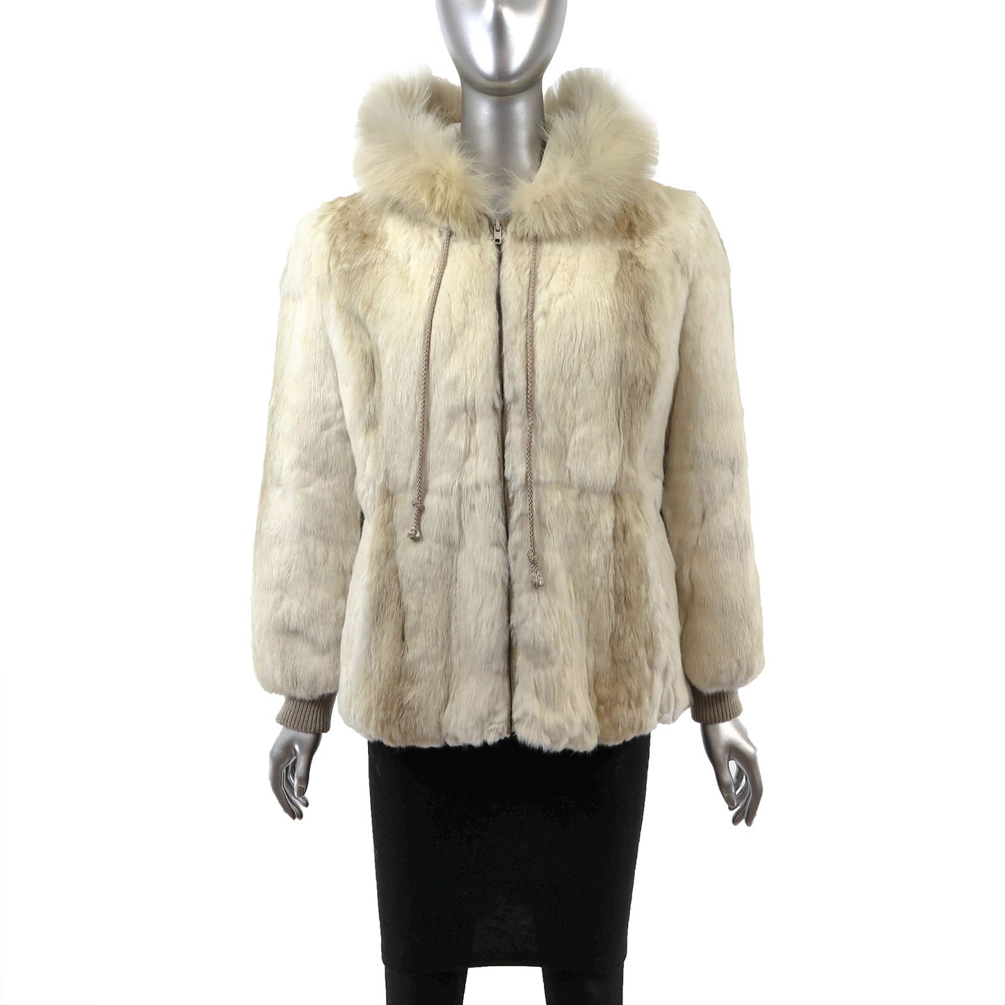Beige Hooded Rabbit Jacket with Fox Trim- Size M