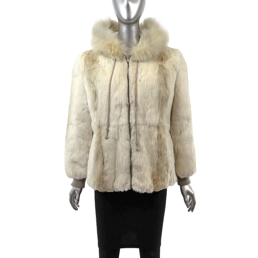 Beige Hooded Rabbit Jacket with Fox Trim- Size M
