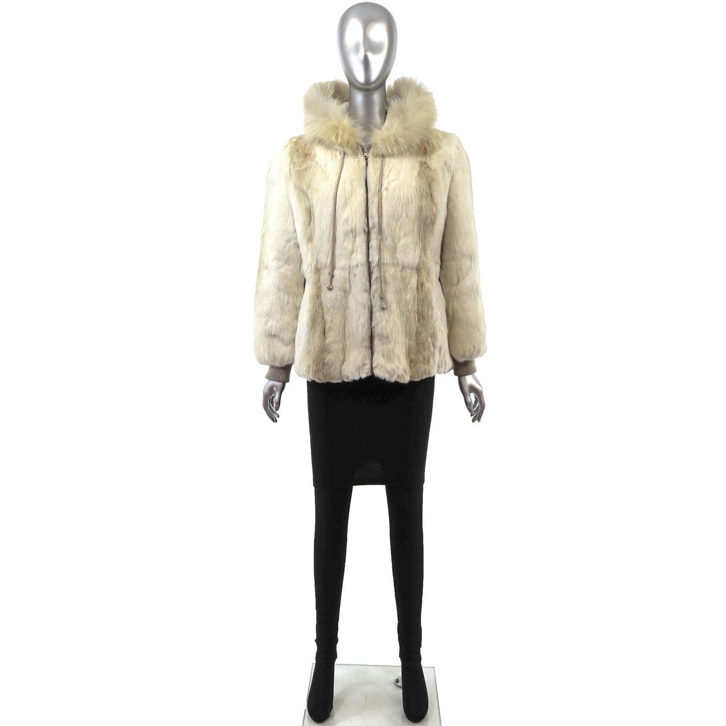 Beige Hooded Rabbit Jacket with Fox Trim- Size M