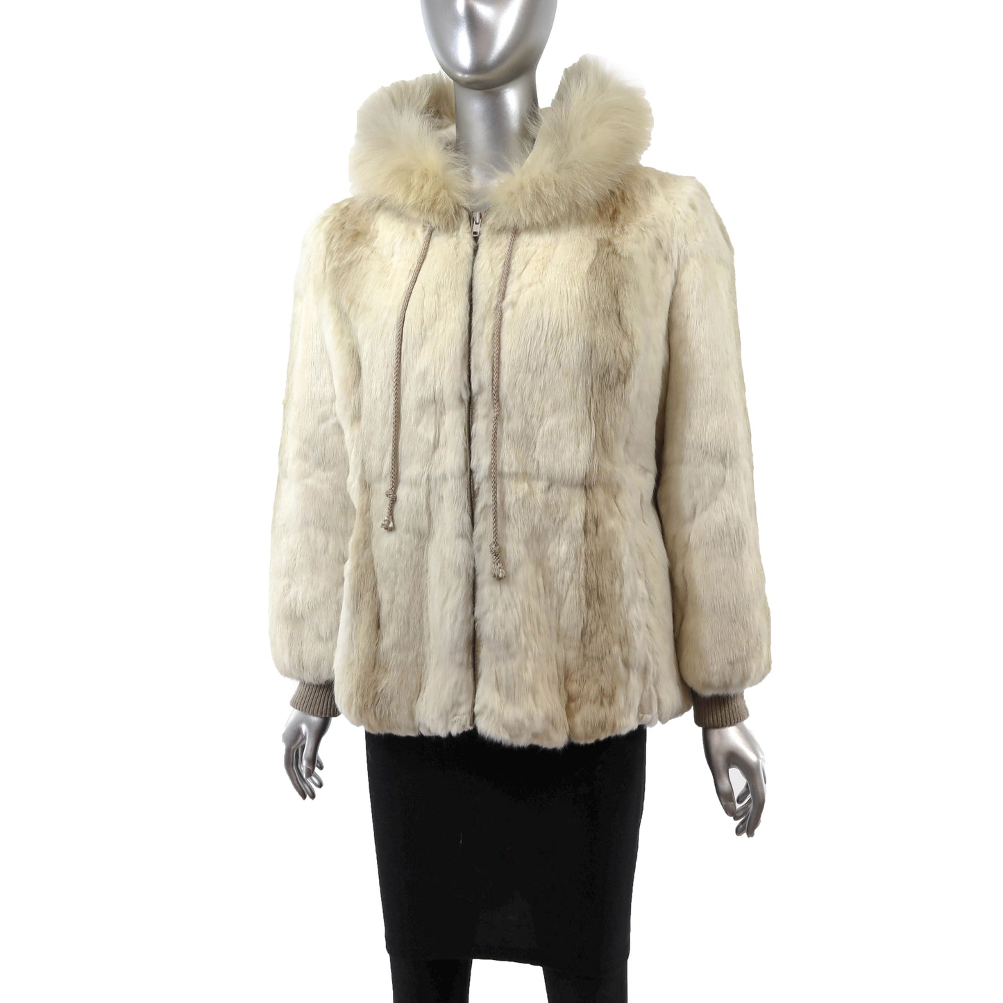 Beige Hooded Rabbit Jacket with Fox Trim- Size M