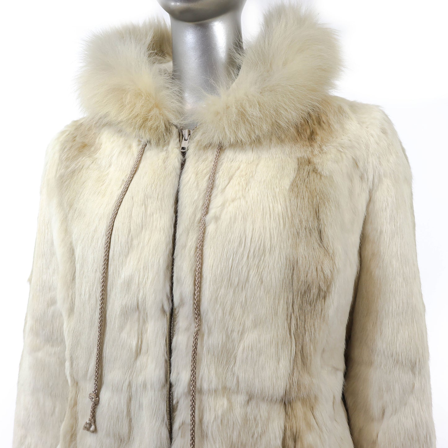Beige Hooded Rabbit Jacket with Fox Trim- Size M