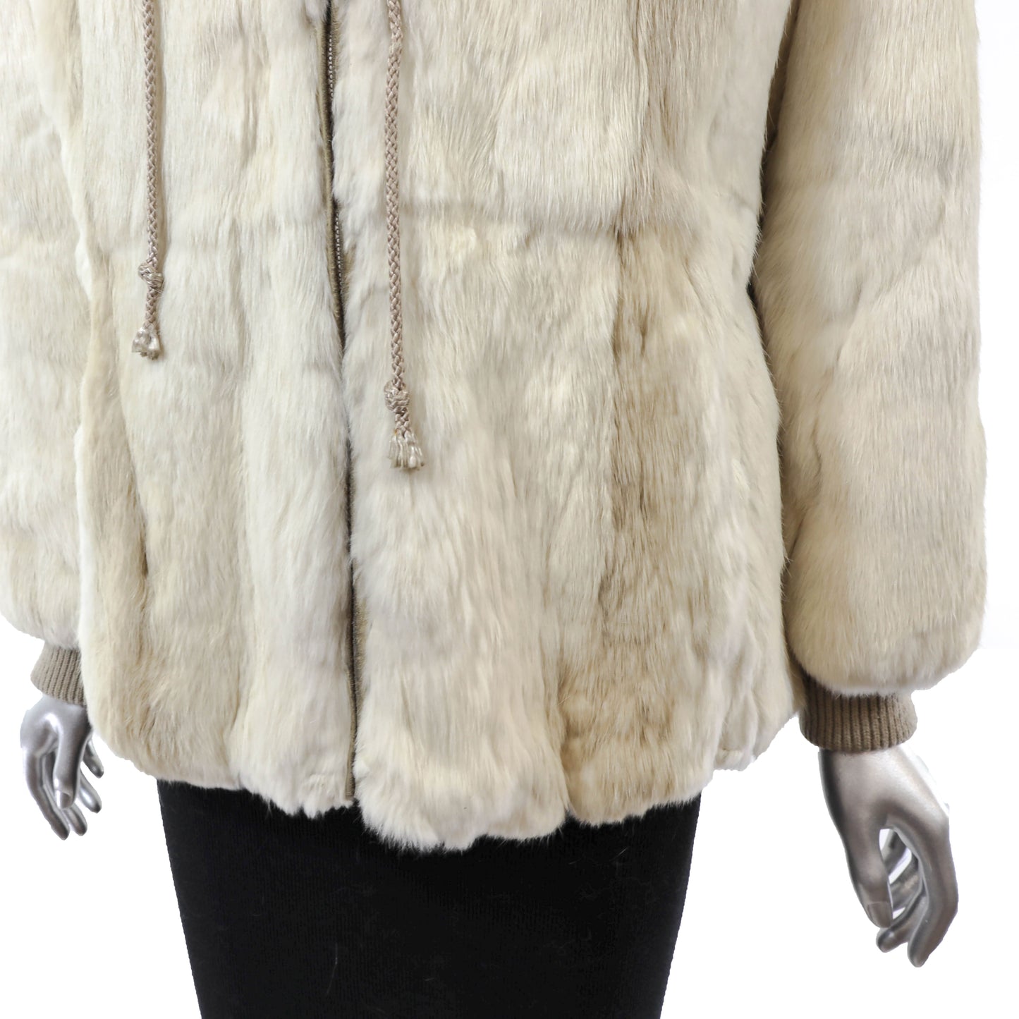 Beige Hooded Rabbit Jacket with Fox Trim- Size M
