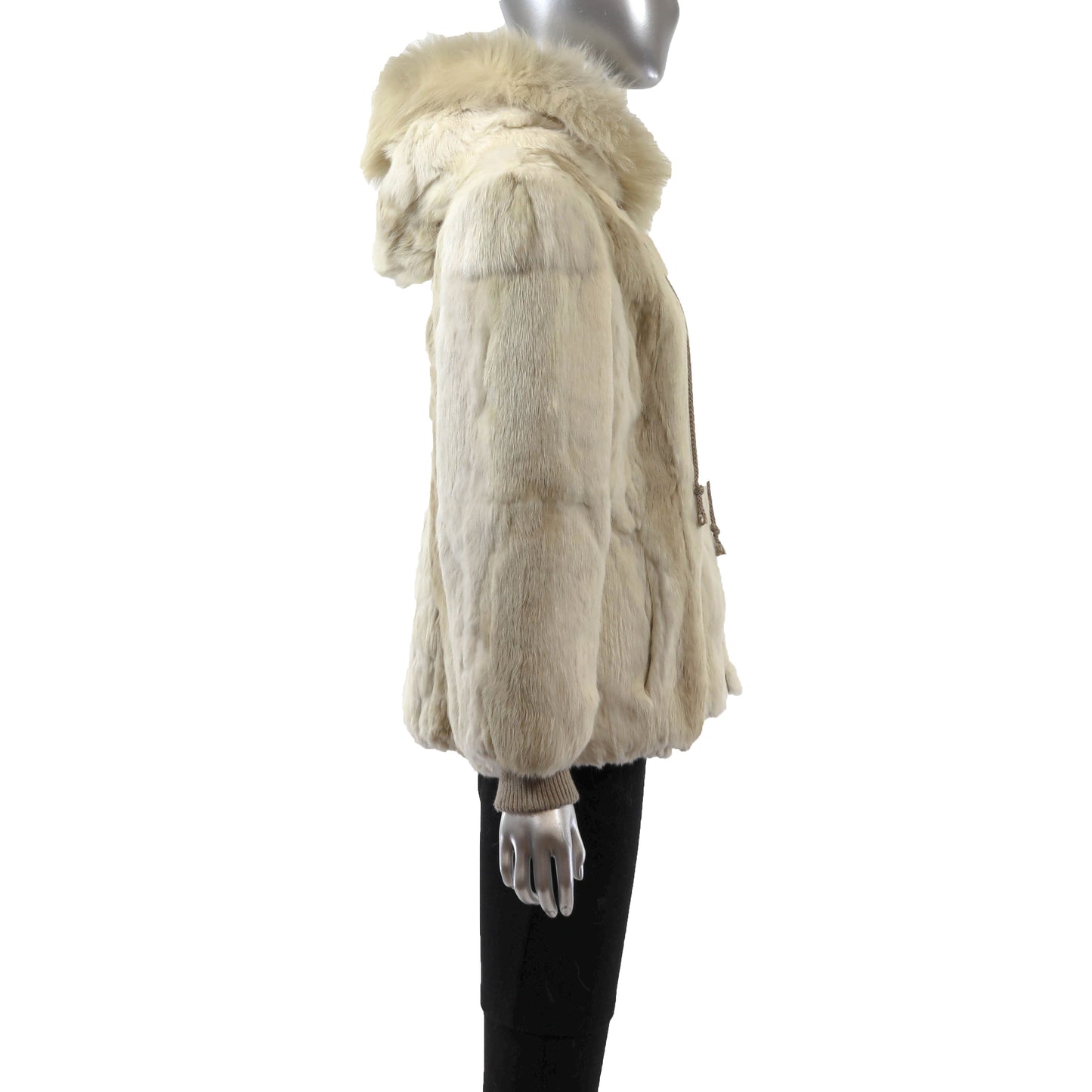 Beige Hooded Rabbit Jacket with Fox Trim- Size M