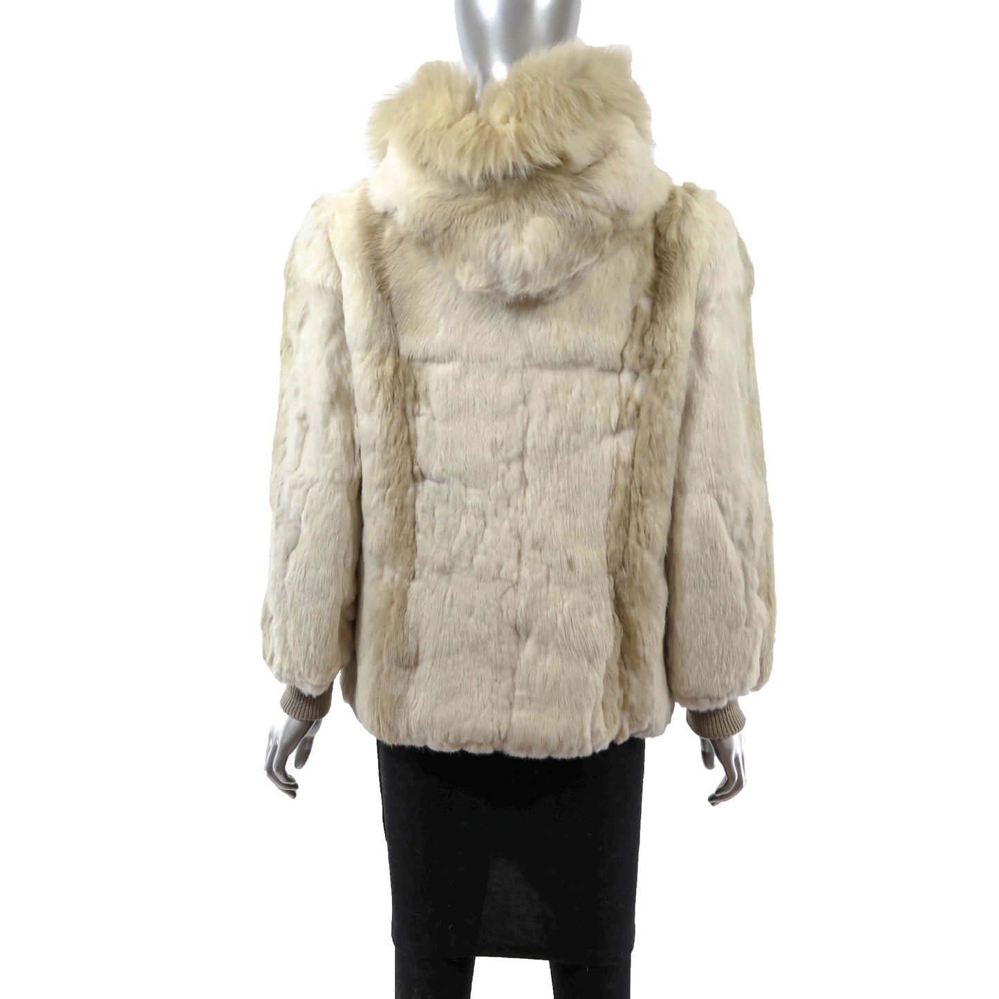 Beige Hooded Rabbit Jacket with Fox Trim- Size M