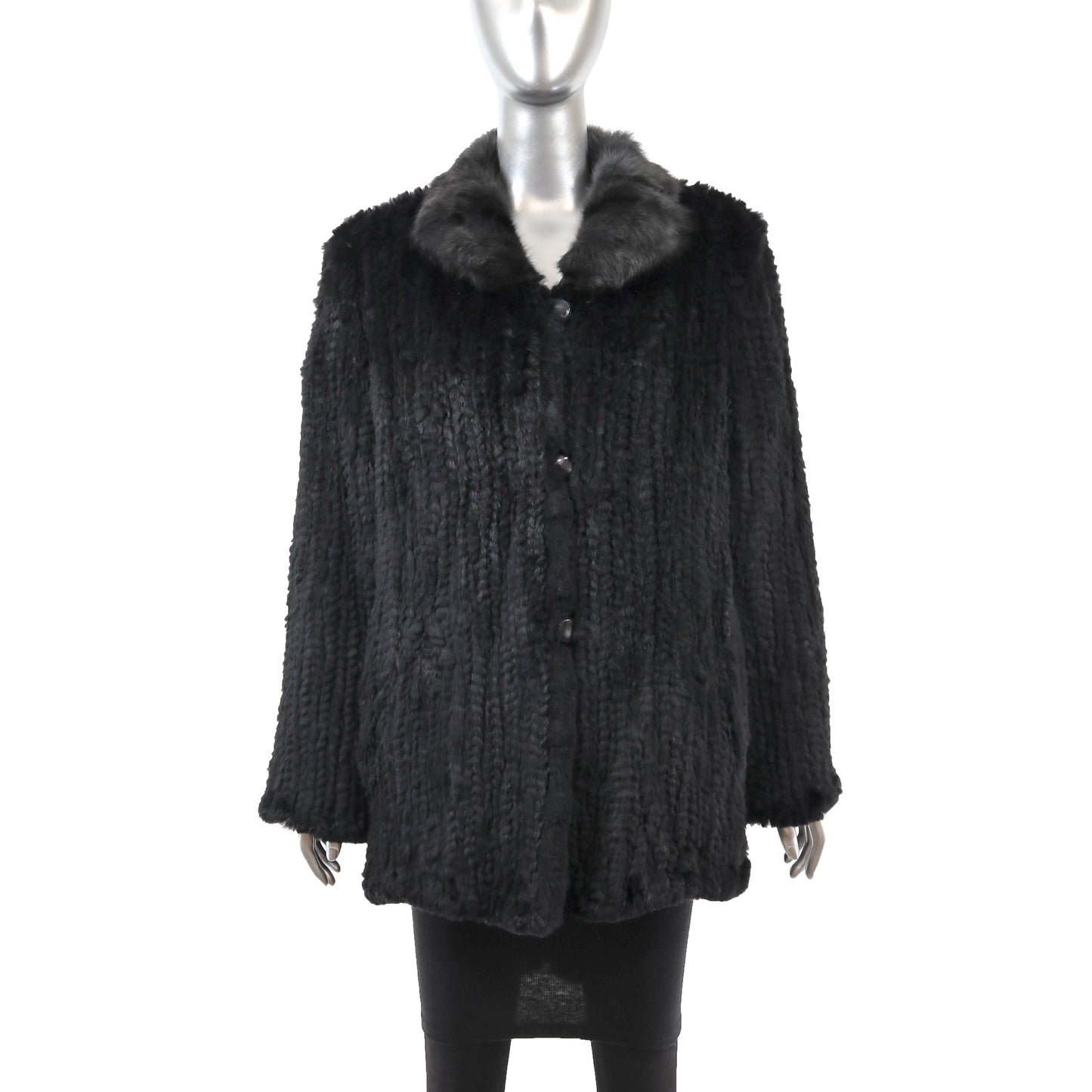 Black Knitted Rabbit Jacket Reversible to Taffeta- Size L