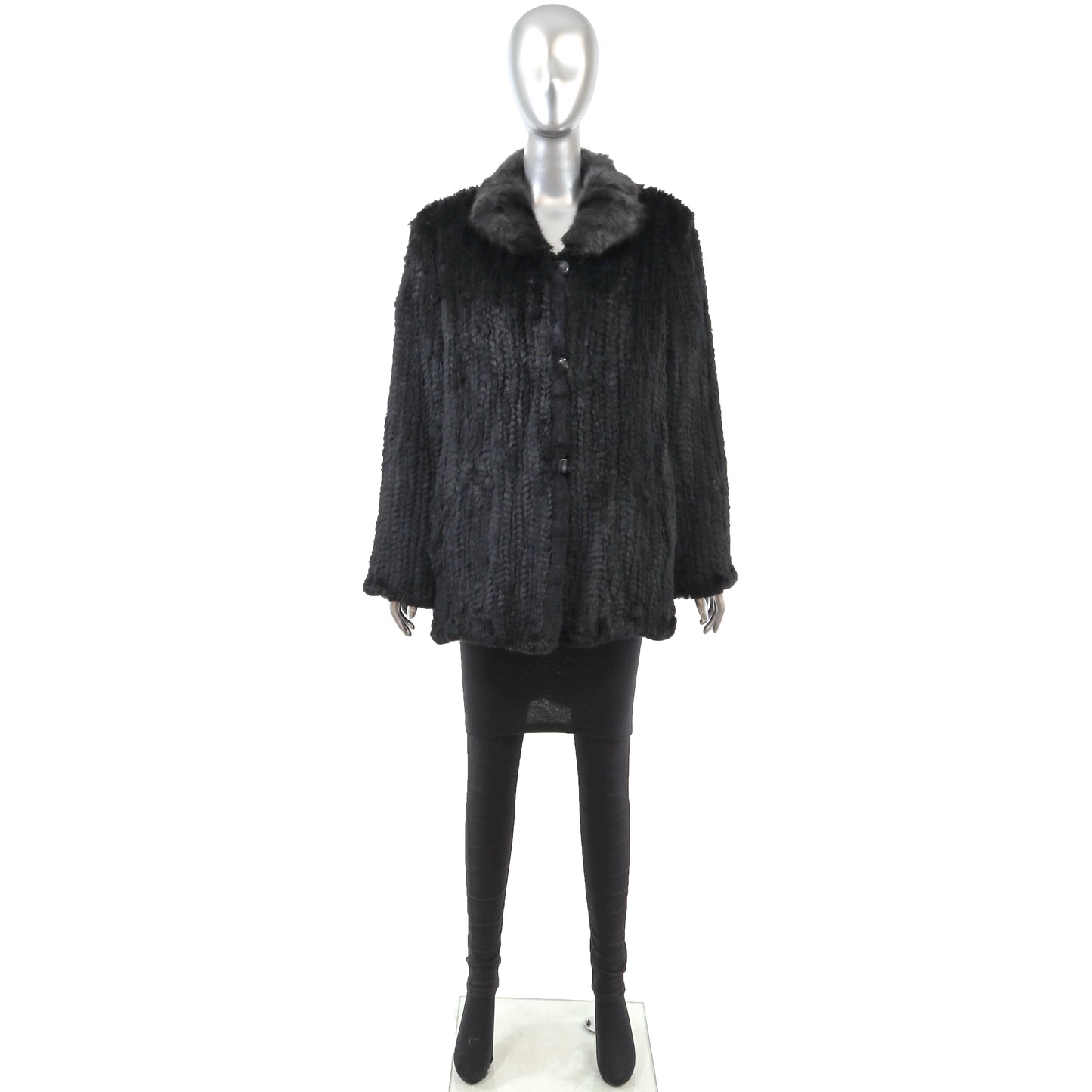 Black Knitted Rabbit Jacket Reversible to Taffeta- Size L