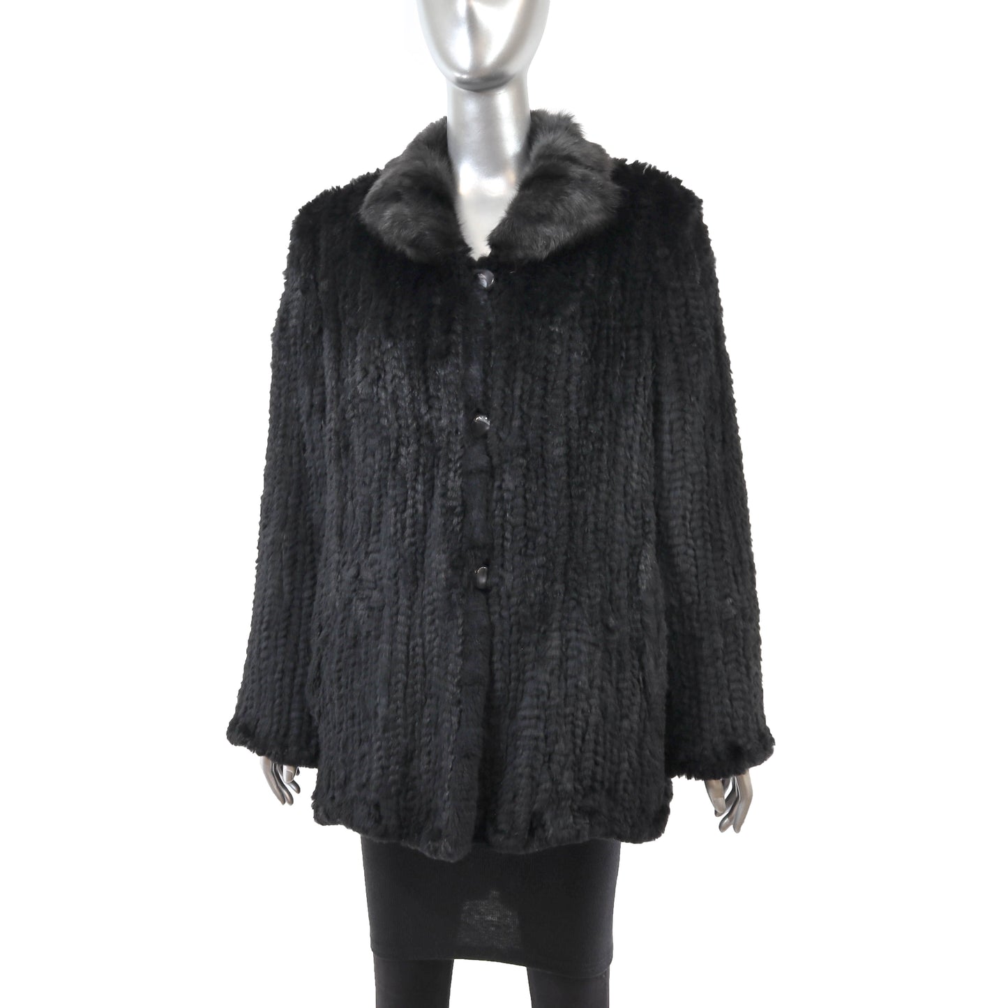 Black Knitted Rabbit Jacket Reversible to Taffeta- Size L