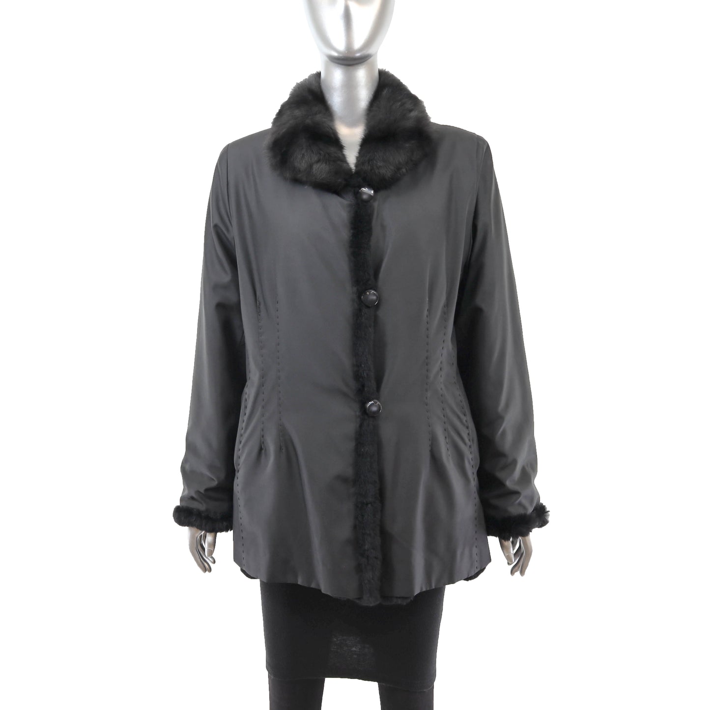 Black Knitted Rabbit Jacket Reversible to Taffeta- Size L