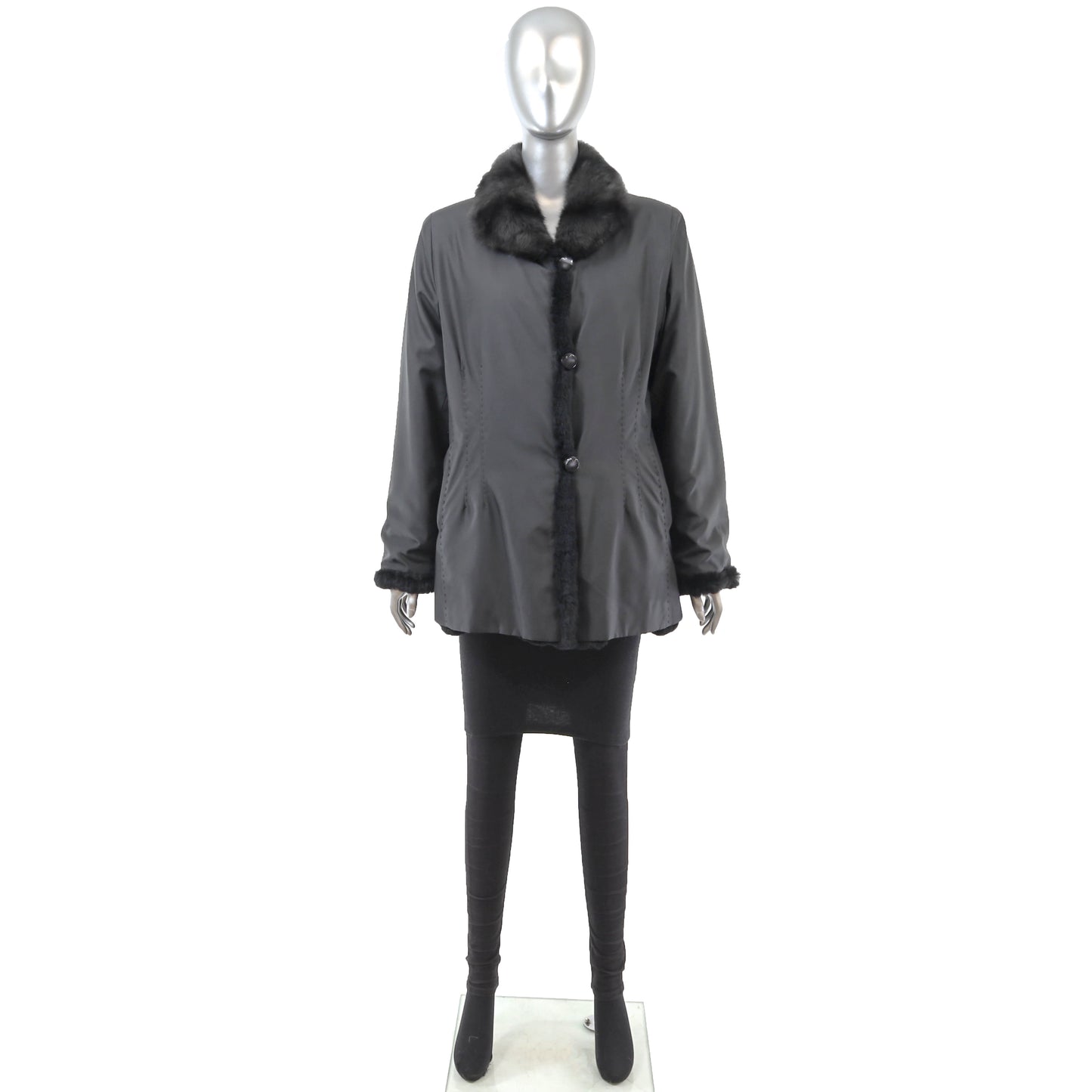 Black Knitted Rabbit Jacket Reversible to Taffeta- Size L