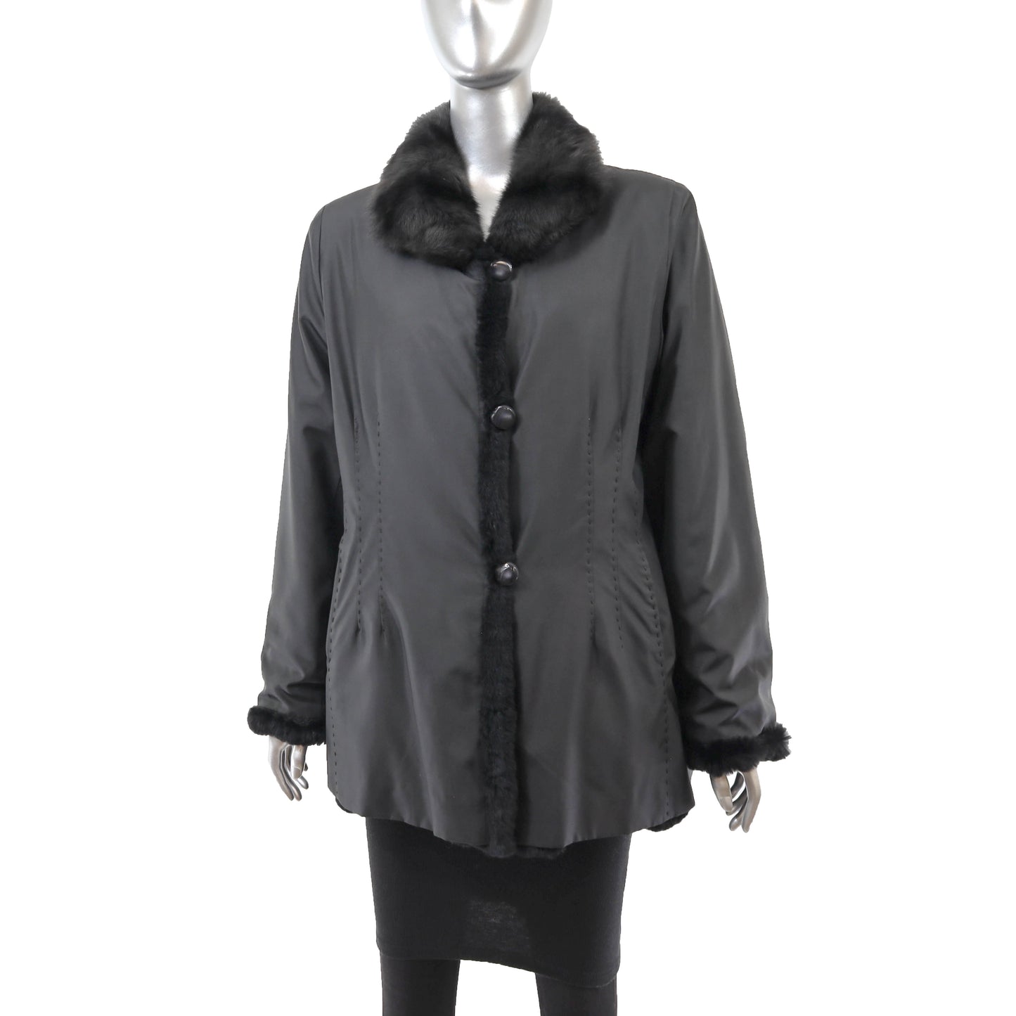 Black Knitted Rabbit Jacket Reversible to Taffeta- Size L