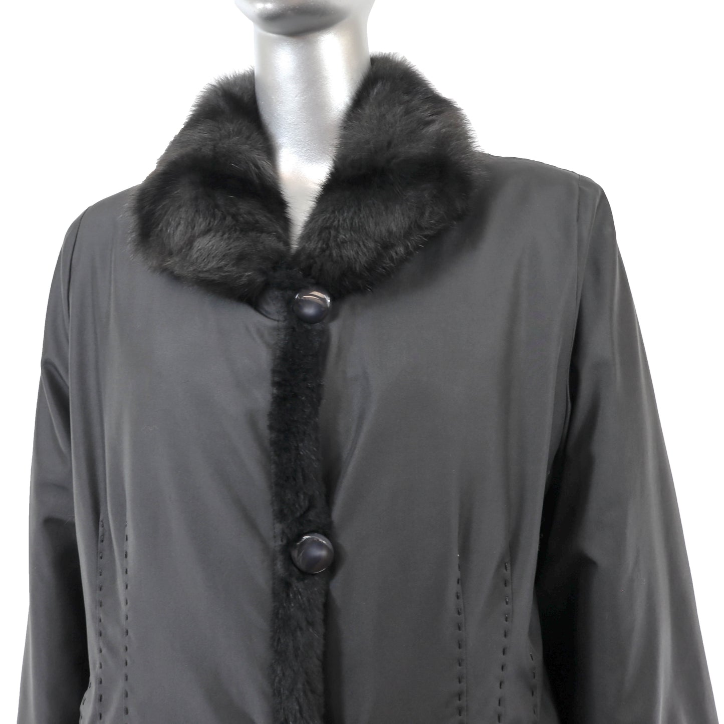 Black Knitted Rabbit Jacket Reversible to Taffeta- Size L