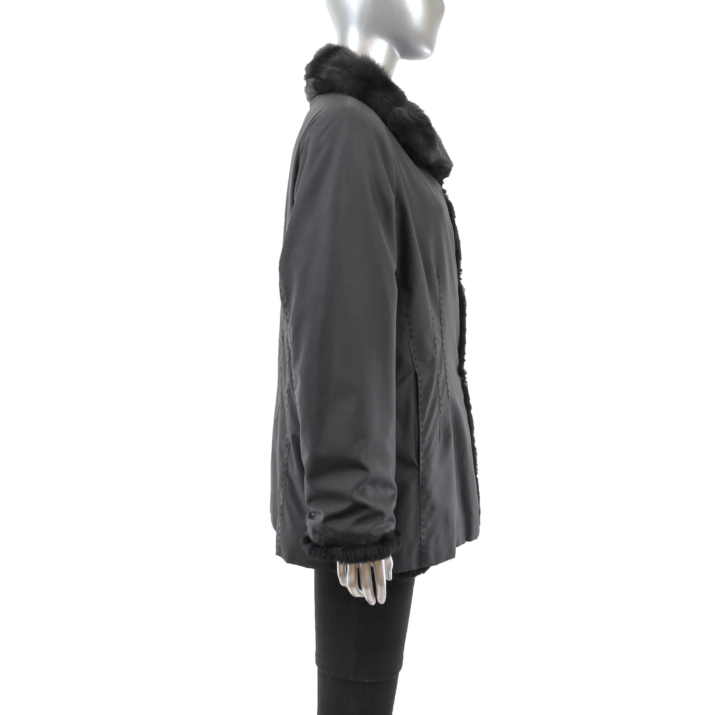 Black Knitted Rabbit Jacket Reversible to Taffeta- Size L