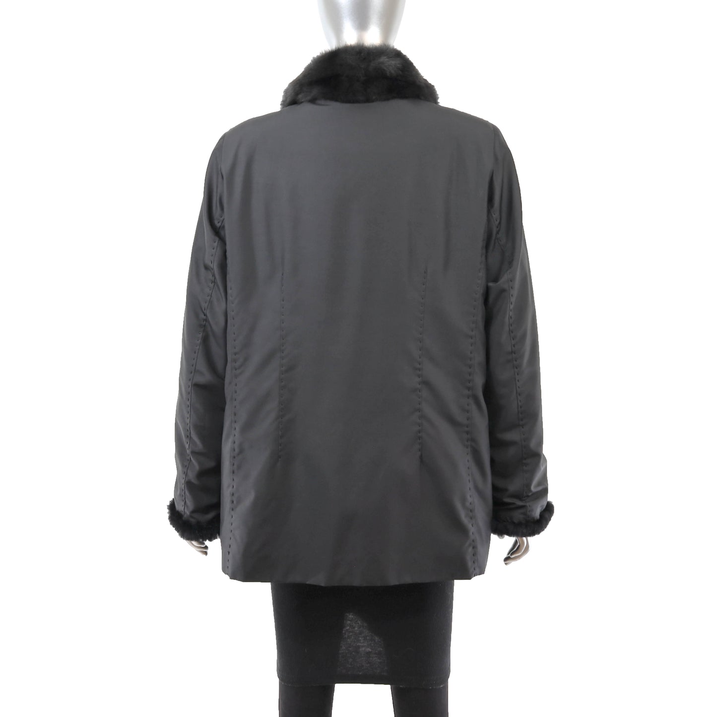 Black Knitted Rabbit Jacket Reversible to Taffeta- Size L