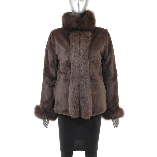 Brown Sheared Rabbit Reversible Jacket with Fox Trim- Size S