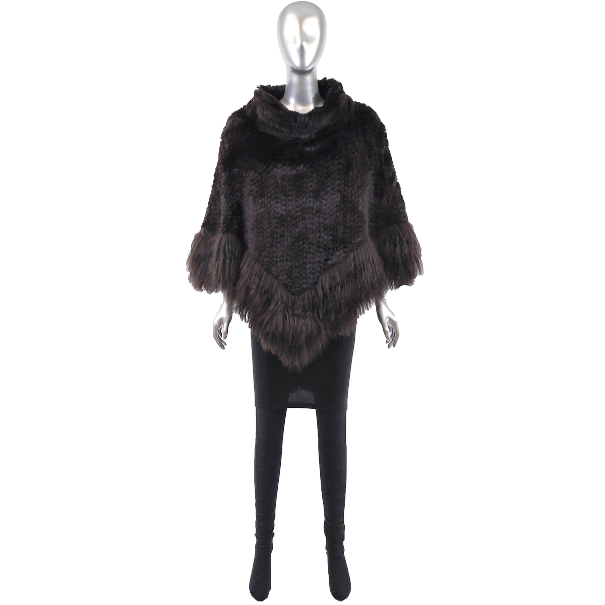 Dark Brown Knitted Rex Rabbit Poncho with Tibetan Lamb- Size Free